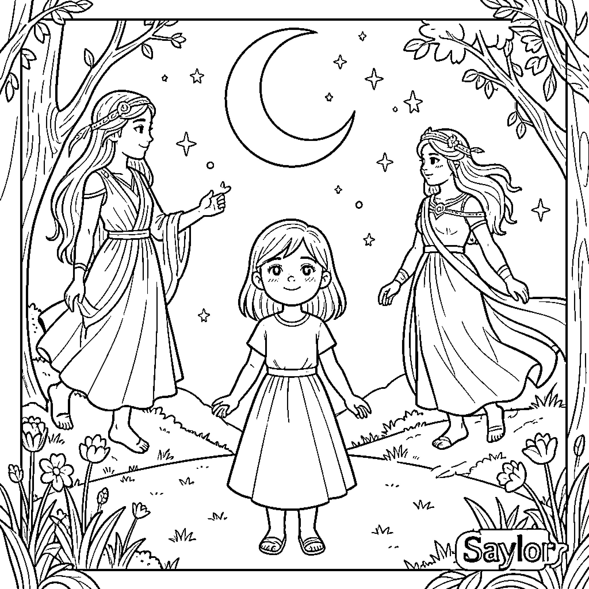 Artemis and companions standing under a crescent moon Coloring Page (free black-and-white line drawing printable PDF for all, from beginners to advanced learners, including children, teens, adults, and seniors)