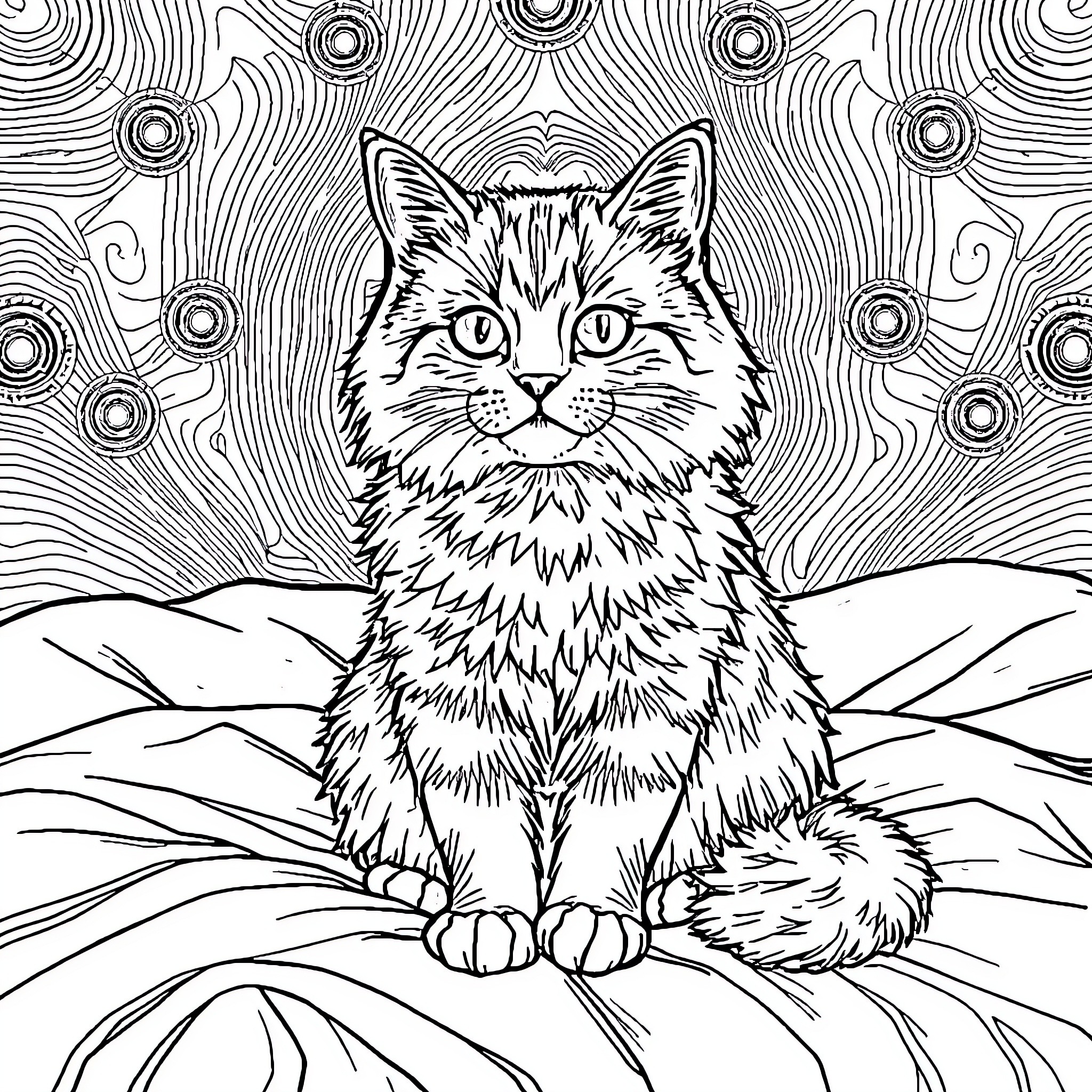 Cat sitting calmly in abstract nature scene Coloring Page (free black-and-white line drawing printable PDF for all, from beginners to advanced learners, including children, teens, adults, and seniors)