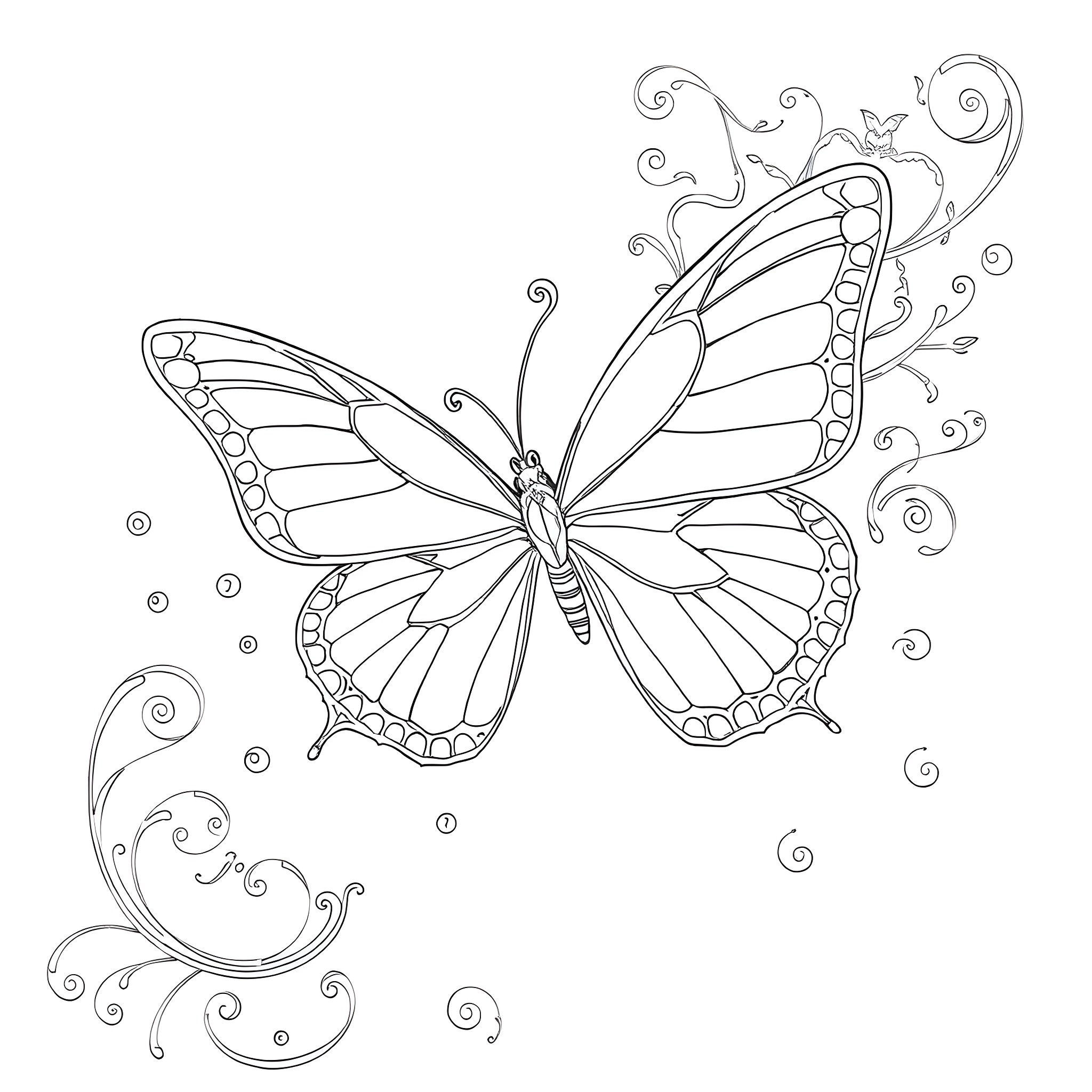 Butterfly dancing among the swirls Coloring Page (free black-and-white line drawing printable PDF for all, from beginners to advanced learners, including children, teens, adults, and seniors)
