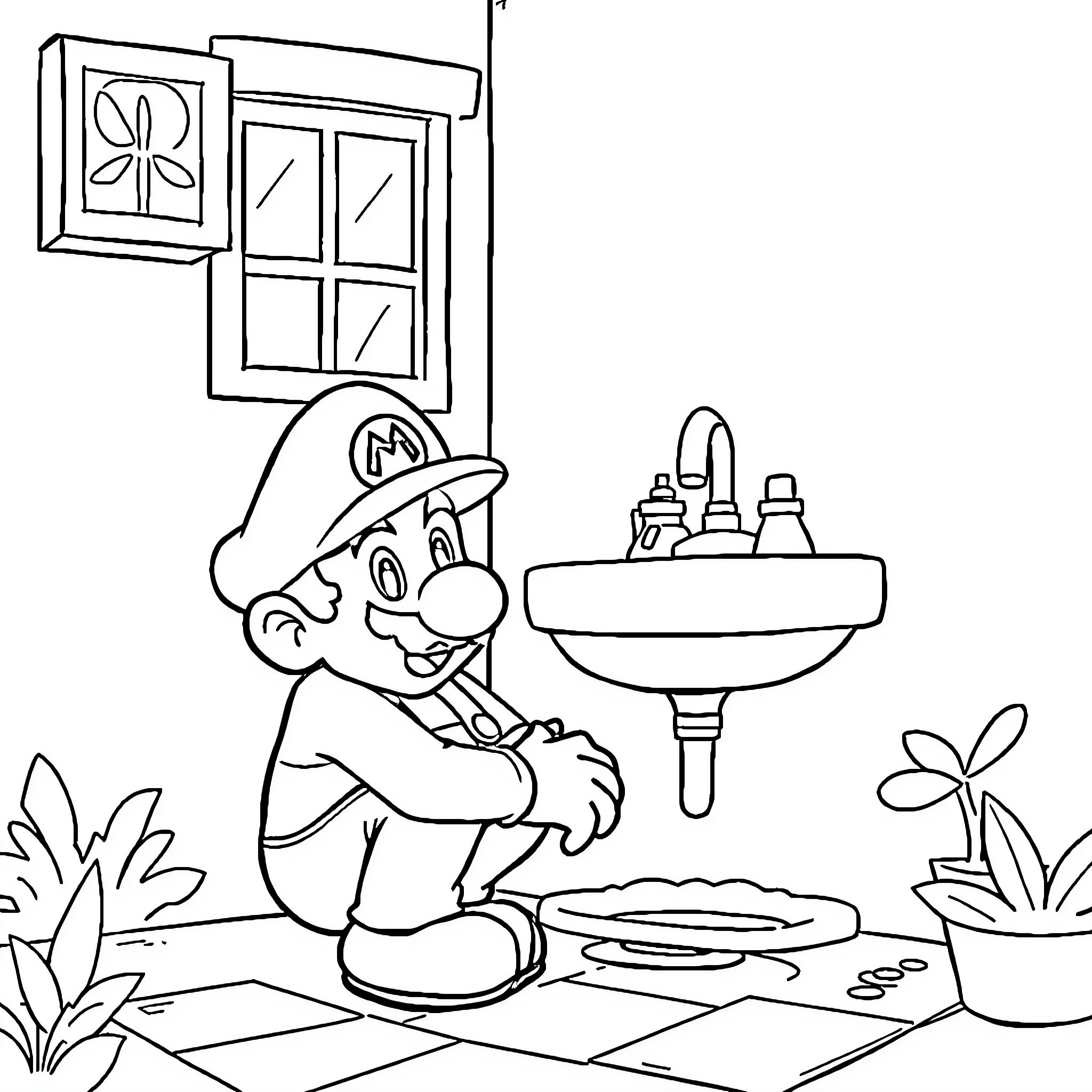 Mario Washing Hands in Bathroom Coloring Page (free black-and-white line drawing printable PDF for all, from beginners to advanced learners, including children, teens, adults, and seniors)