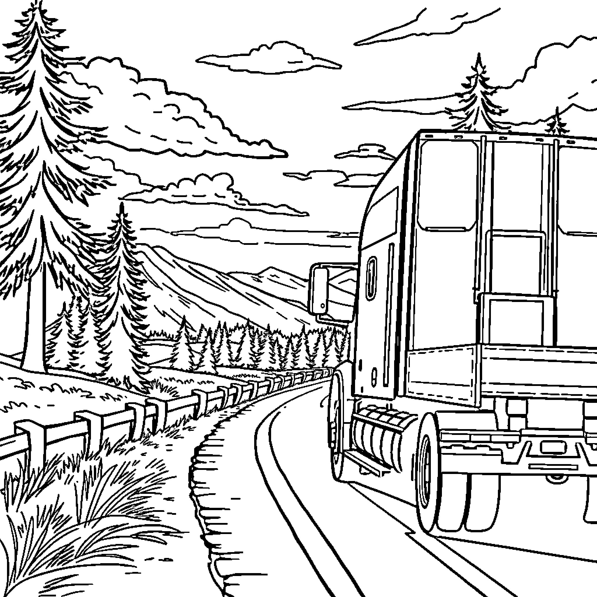 Trucker hauling cargo through scenic mountain road Coloring Page (free black-and-white line drawing printable PDF for all, from beginners to advanced learners, including children, teens, adults, and seniors)