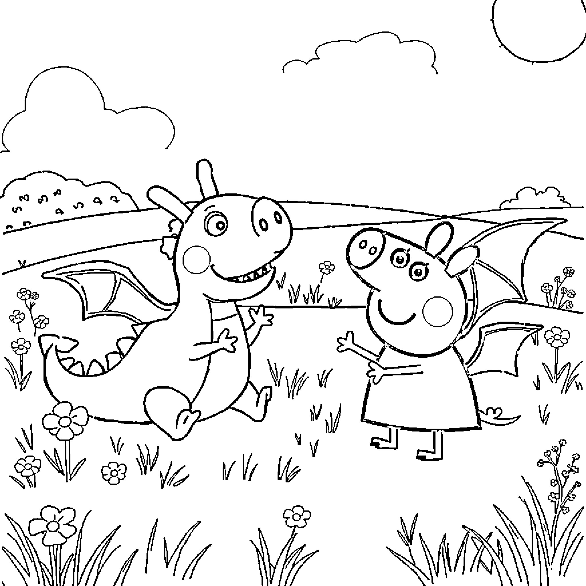 Peppa Pig and friends playing in the meadow Coloring Page (free black-and-white line drawing printable PDF for all, from beginners to advanced learners, including children, teens, adults, and seniors)