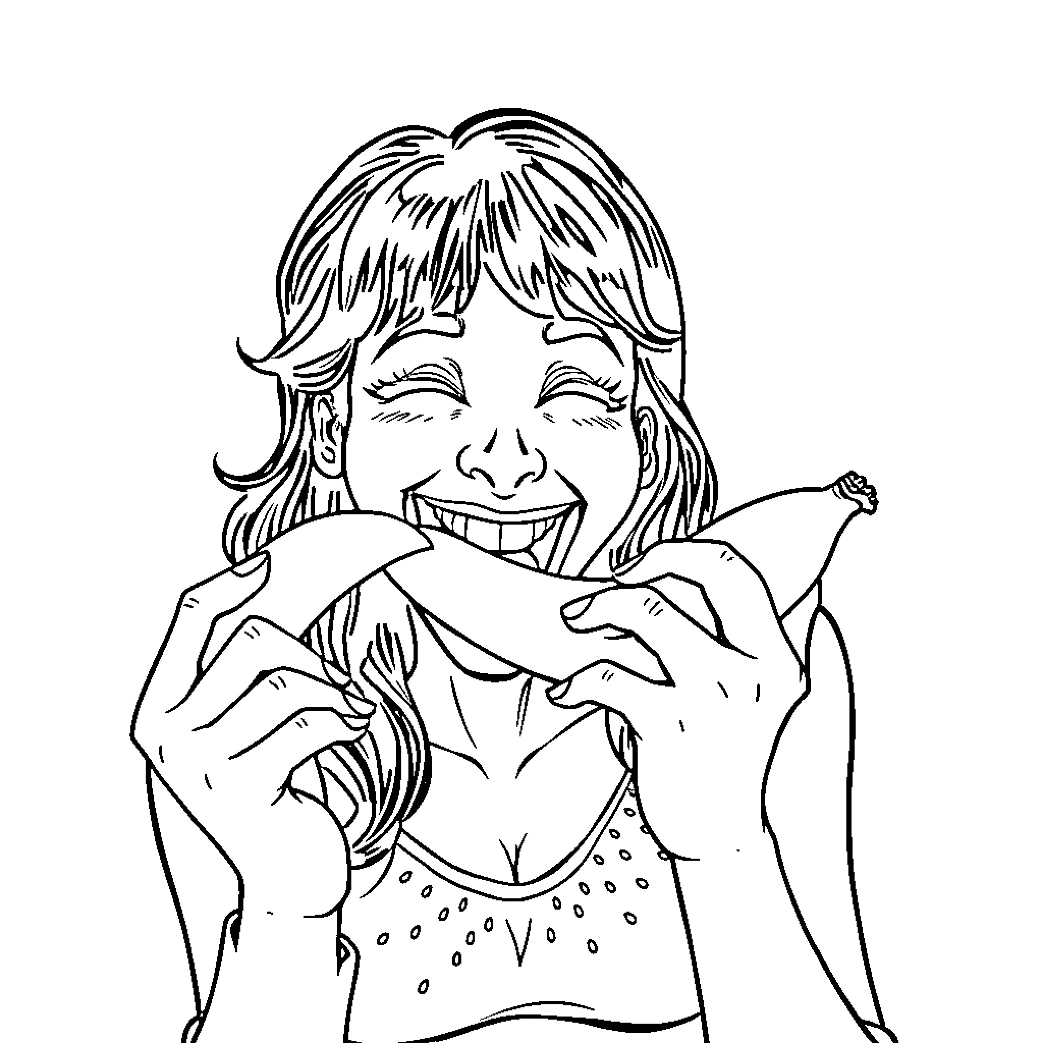 Wife laughing joyfully in casual outfit Coloring Page (free black-and-white line drawing printable PDF for all, from beginners to advanced learners, including children, teens, adults, and seniors)