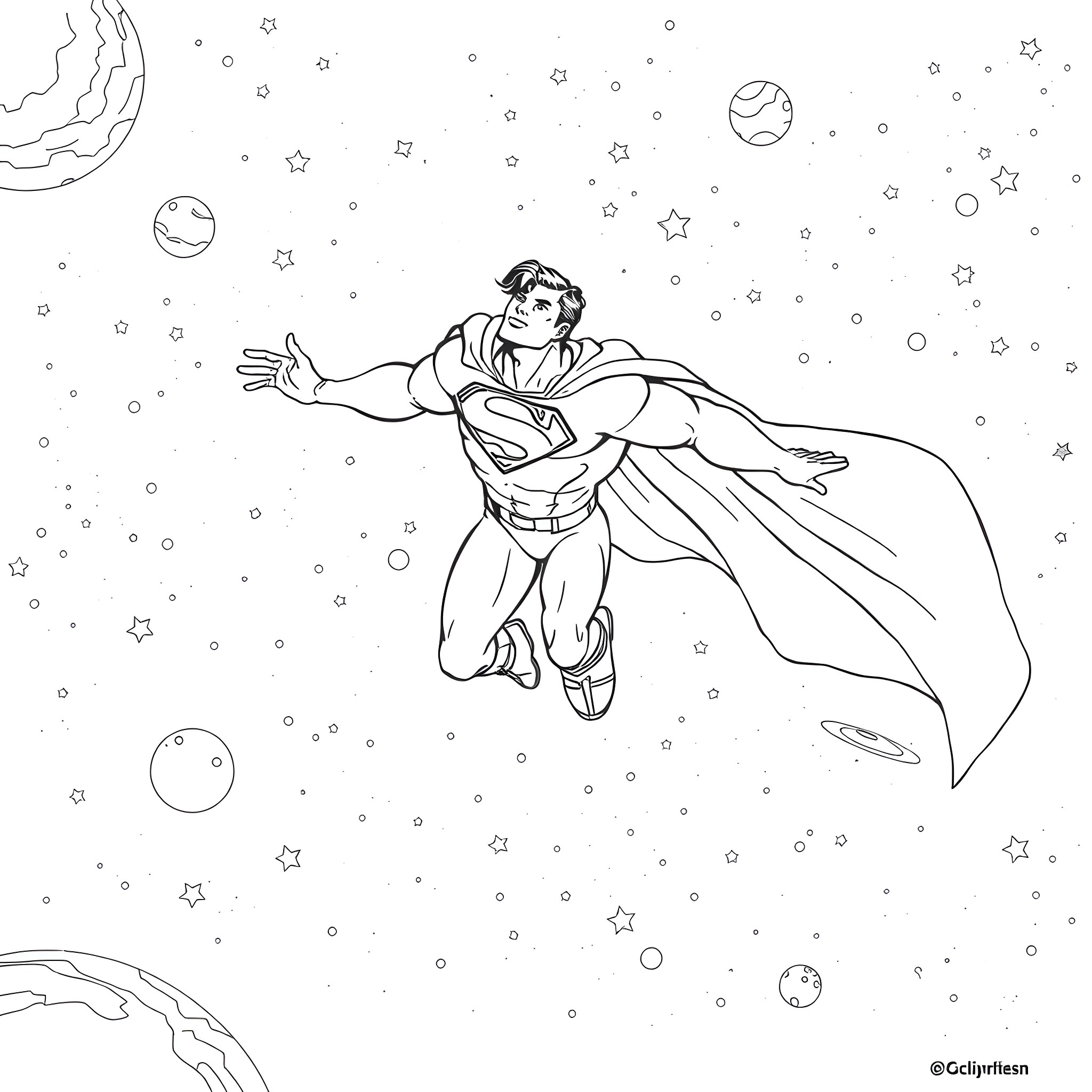 Superman soaring through the cosmic sky Coloring Page (free black-and-white line drawing printable PDF for all, from beginners to advanced learners, including children, teens, adults, and seniors)