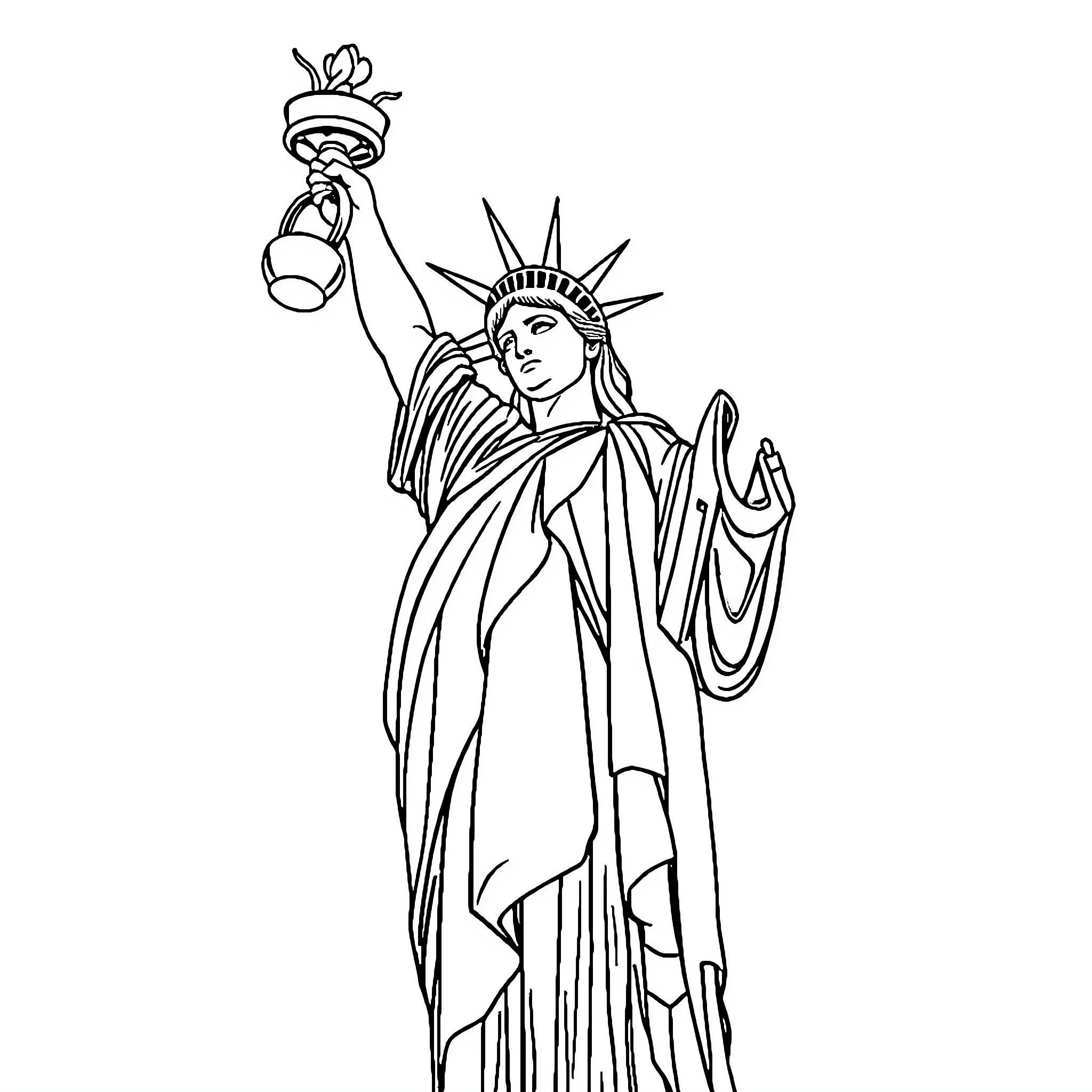 Statue Of Liberty holding a torch Coloring Page (free black-and-white line drawing printable PDF for all, from beginners to advanced learners, including children, teens, adults, and seniors)