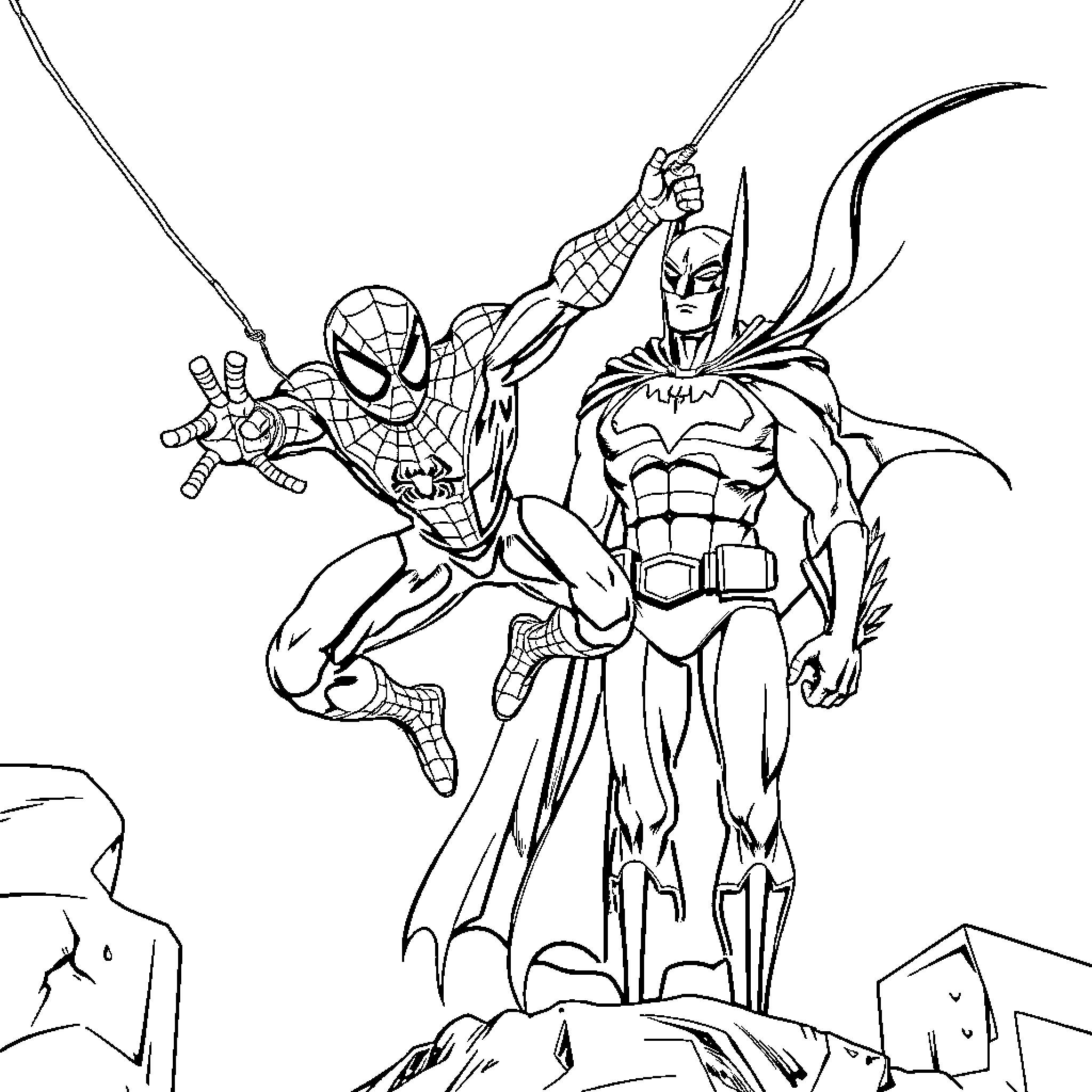 Spider-Man and Batman team up in action Coloring Page (free black-and-white line drawing printable PDF for all, from beginners to advanced learners, including children, teens, adults, and seniors)