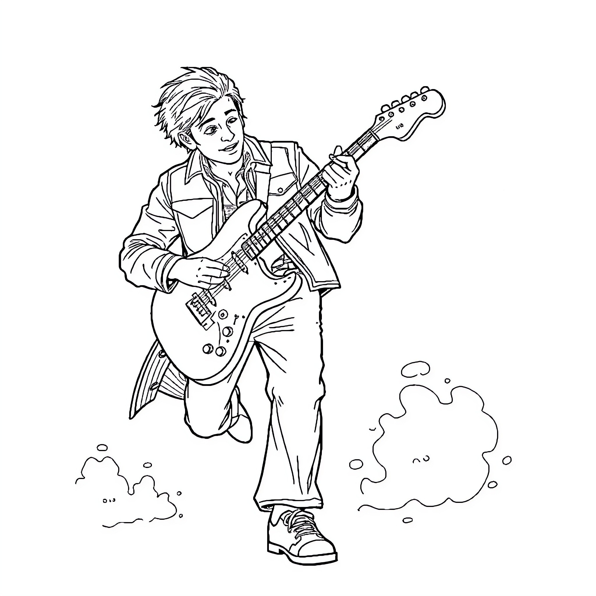Marty McFly rocking out with his electric guitar Coloring Page (free black-and-white line drawing printable PDF for all, from beginners to advanced learners, including children, teens, adults, and seniors)