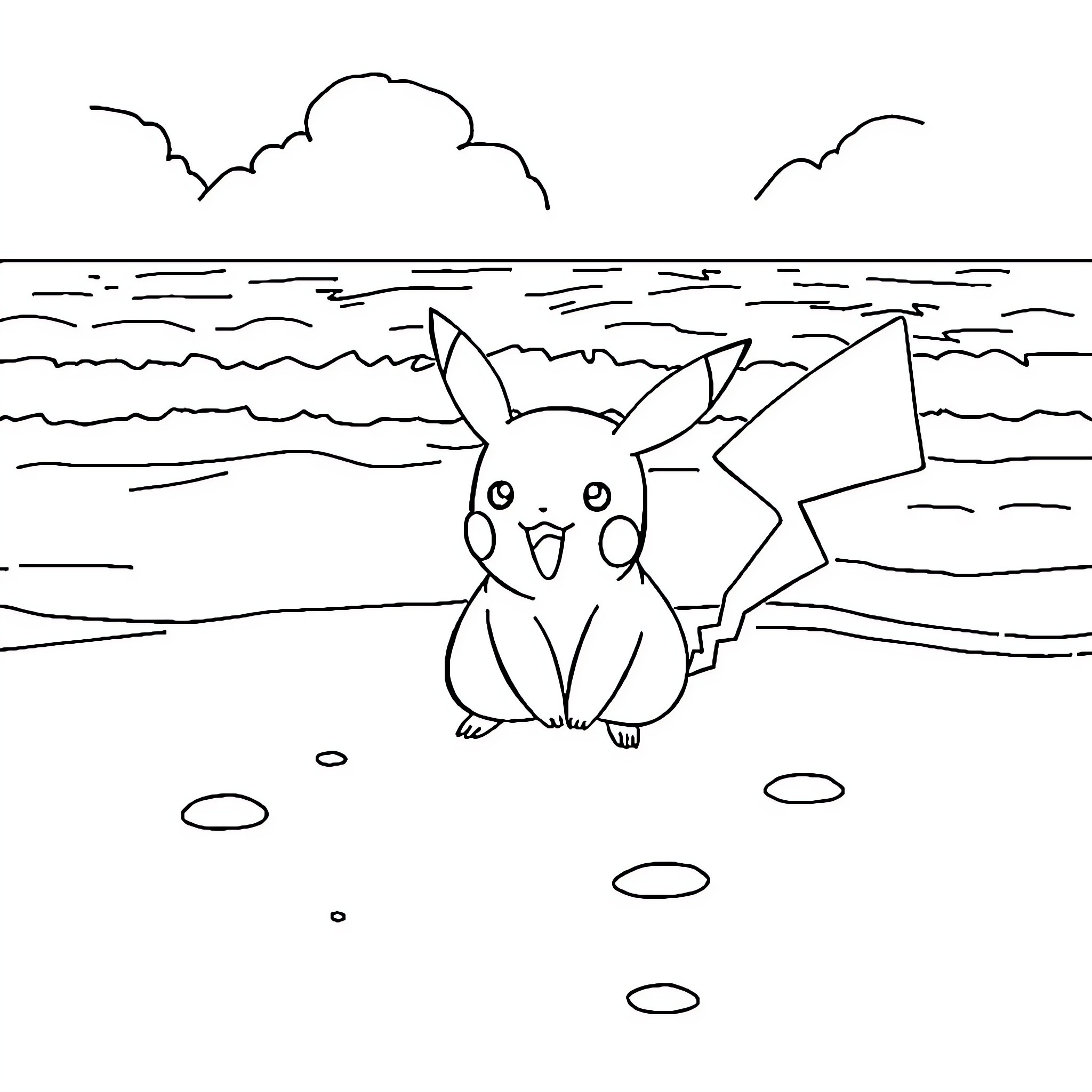 Pikachu enjoying the beach scenery Coloring Page (free black-and-white line drawing printable PDF for all, from beginners to advanced learners, including children, teens, adults, and seniors)