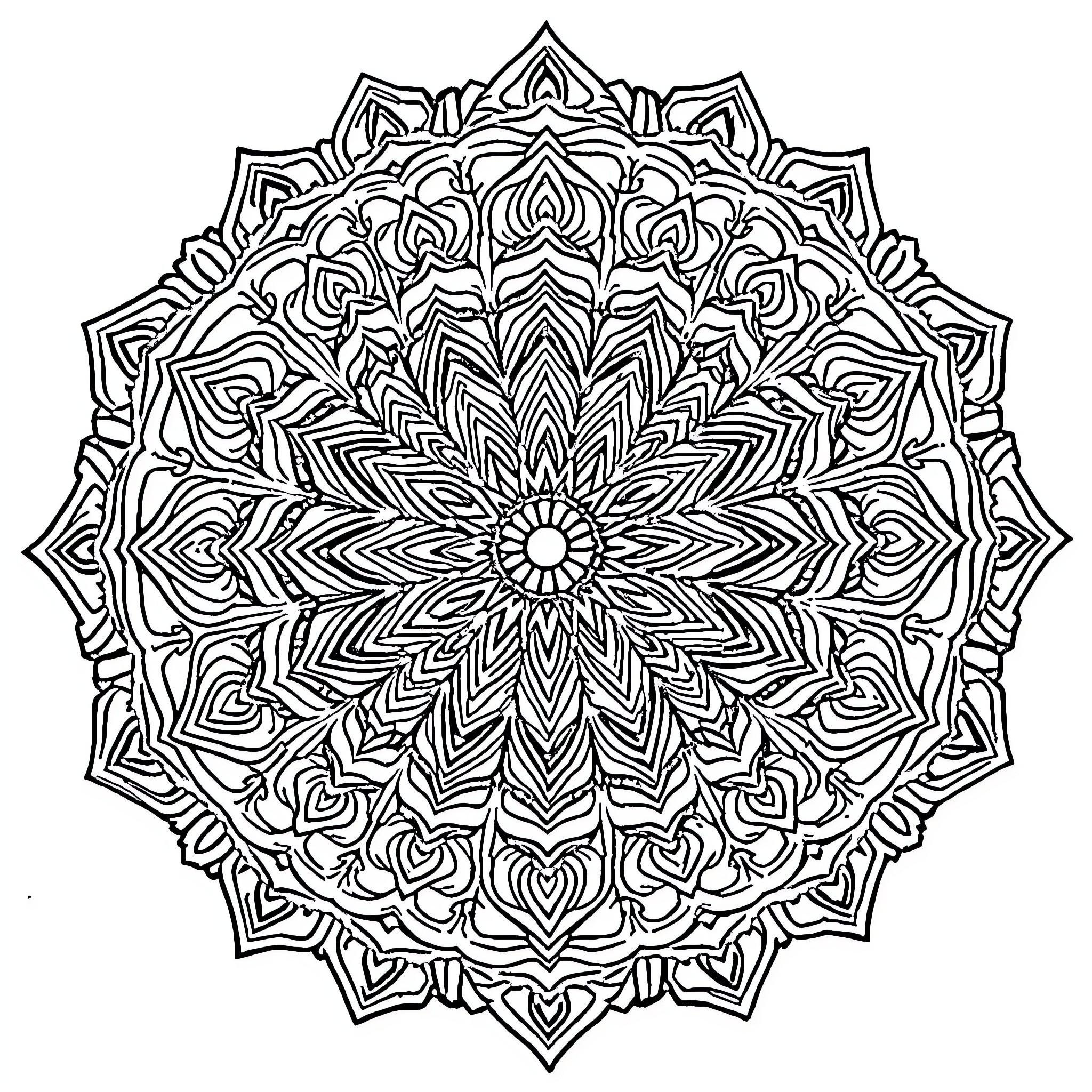 Mandala of intricate geometric patterns Coloring Page (free black-and-white line drawing printable PDF for all, from beginners to advanced learners, including children, teens, adults, and seniors)
