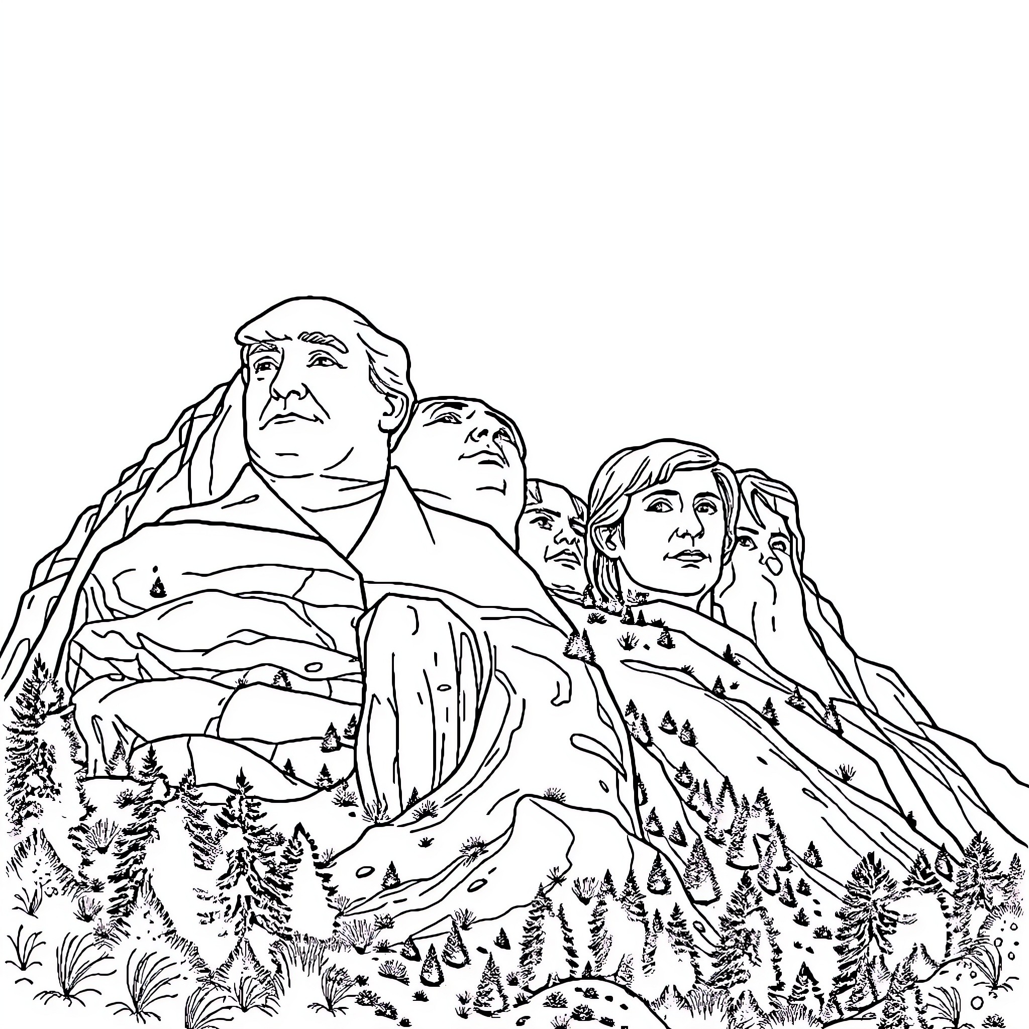 Mount Rushmore featuring famous historical figures Coloring Page (free black-and-white line drawing printable PDF for all, from beginners to advanced learners, including children, teens, adults, and seniors)