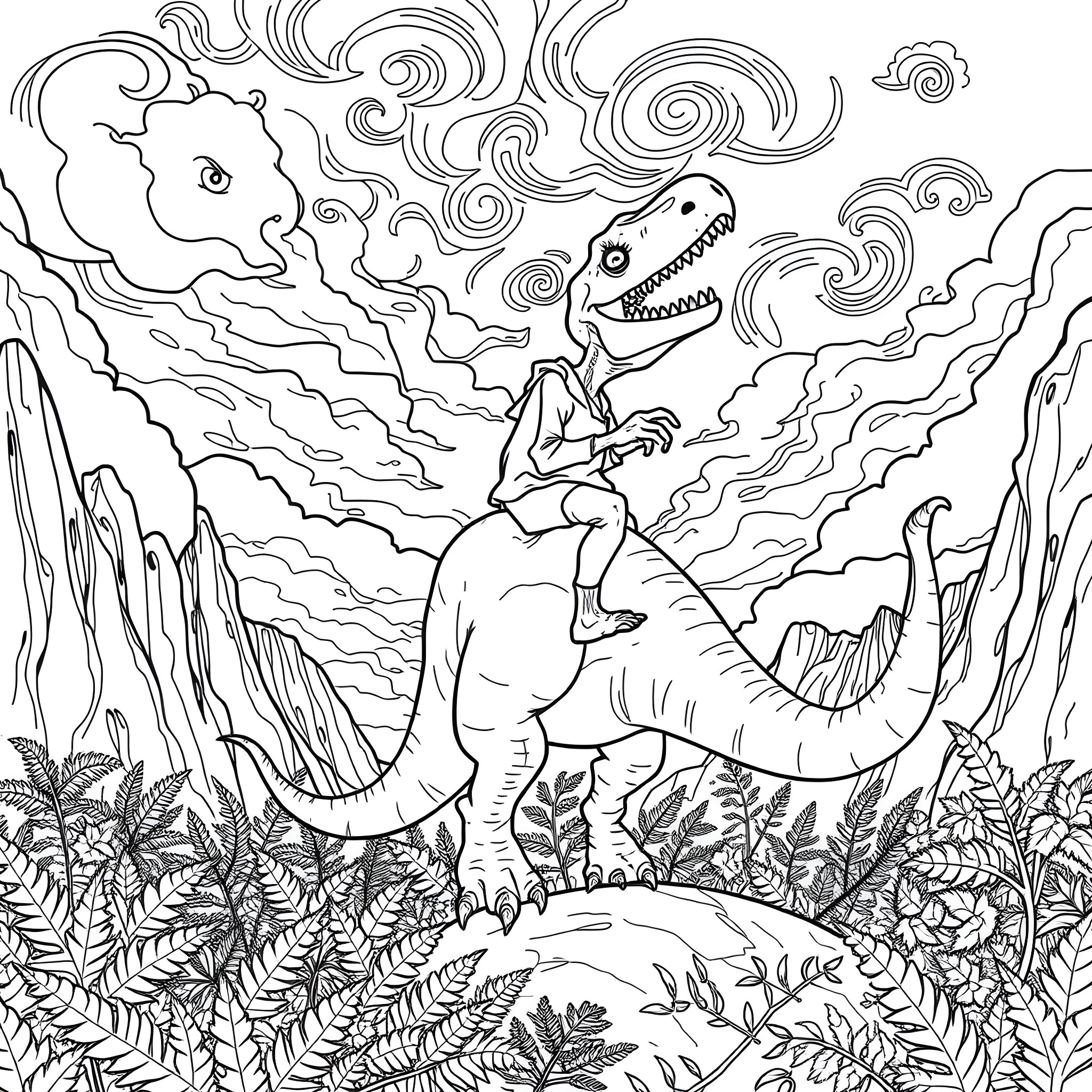 Zombie Dinosaur Riders Exploring Prehistoric Landscape Coloring Page (free black-and-white line drawing printable PDF for all, from beginners to advanced learners, including children, teens, adults, and seniors)