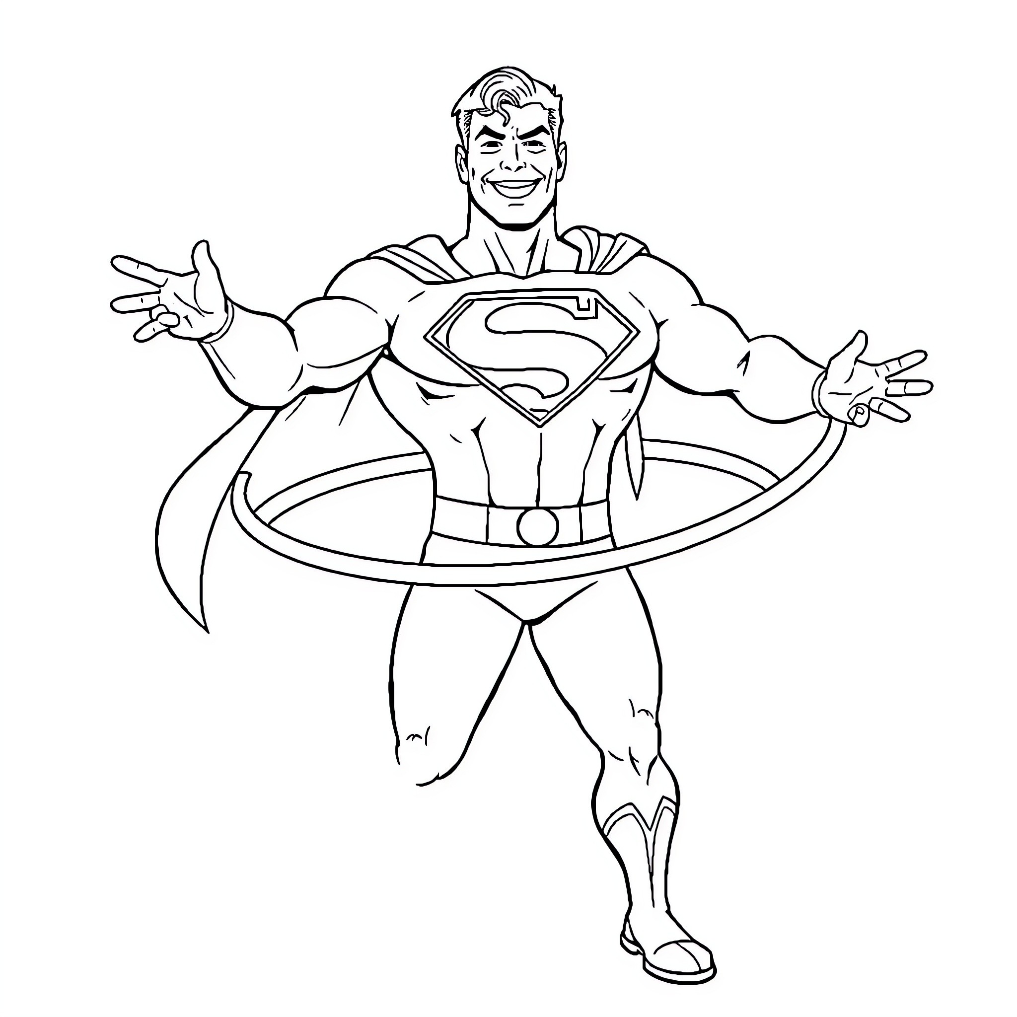 Superman posing heroically in his iconic costume Coloring Page (free black-and-white line drawing printable PDF for all, from beginners to advanced learners, including children, teens, adults, and seniors)