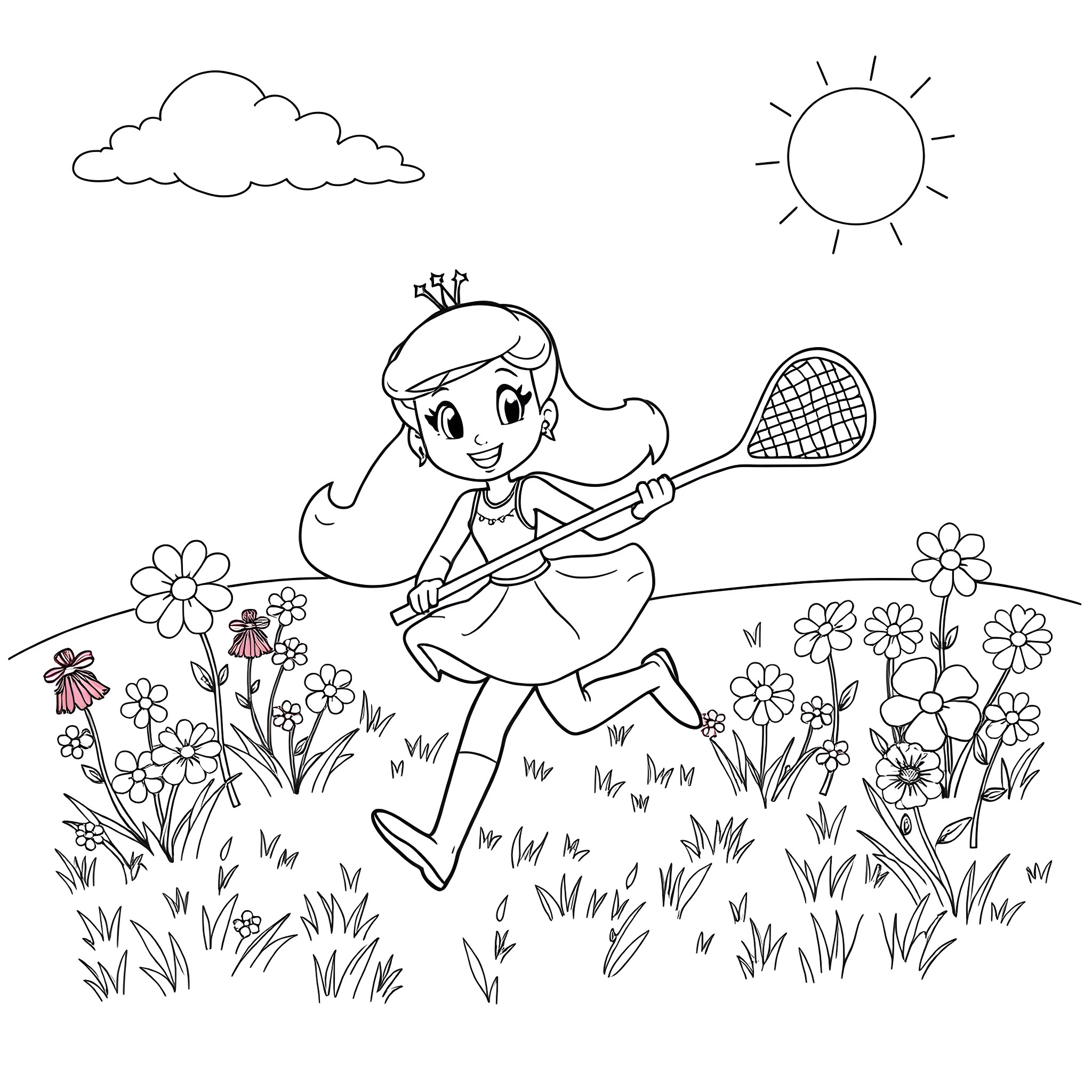 Princess Poppy playing tennis in a flower garden Coloring Page (free black-and-white line drawing printable PDF for all, from beginners to advanced learners, including children, teens, adults, and seniors)