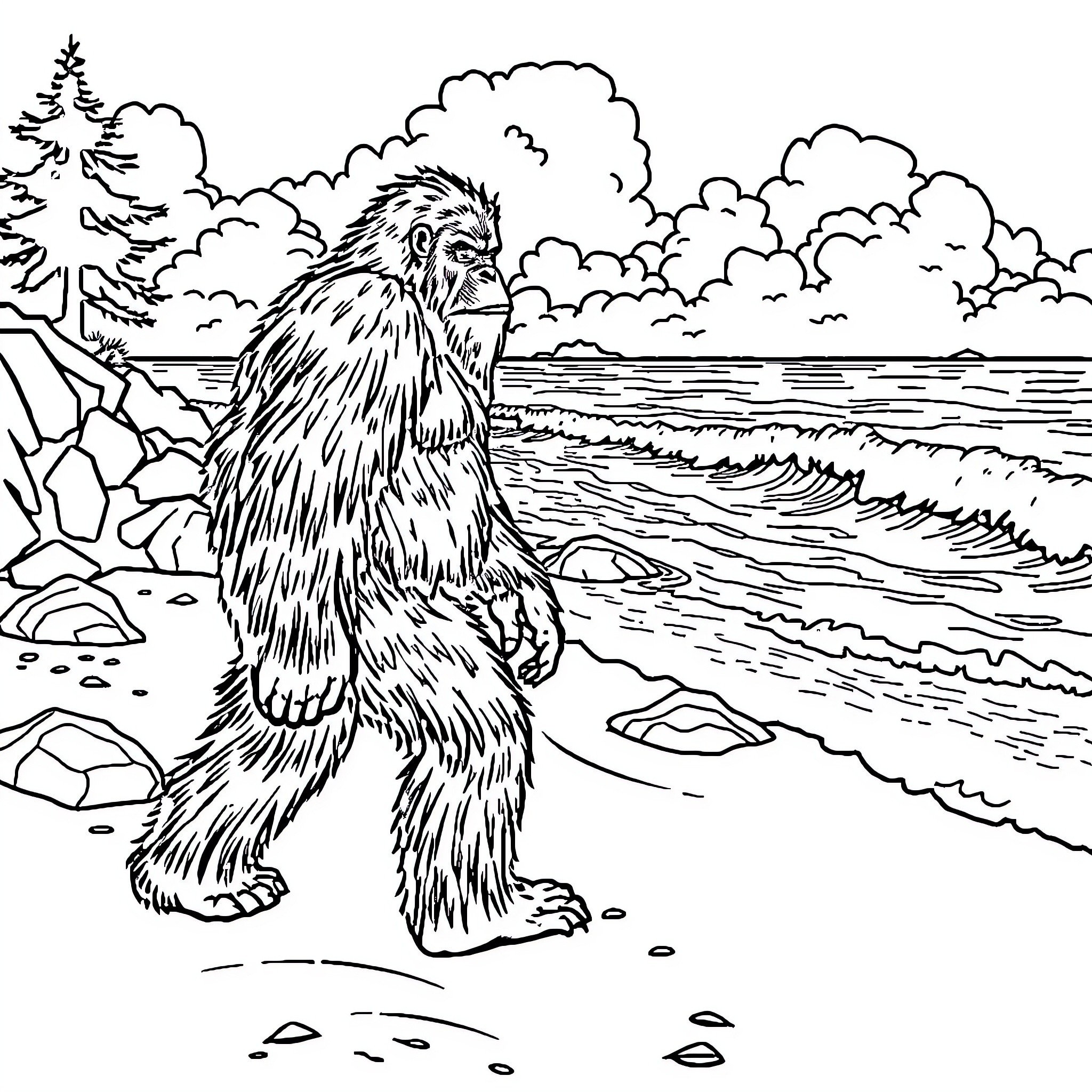 Bigfoot walking along the rocky beach Coloring Page (free black-and-white line drawing printable PDF for all, from beginners to advanced learners, including children, teens, adults, and seniors)
