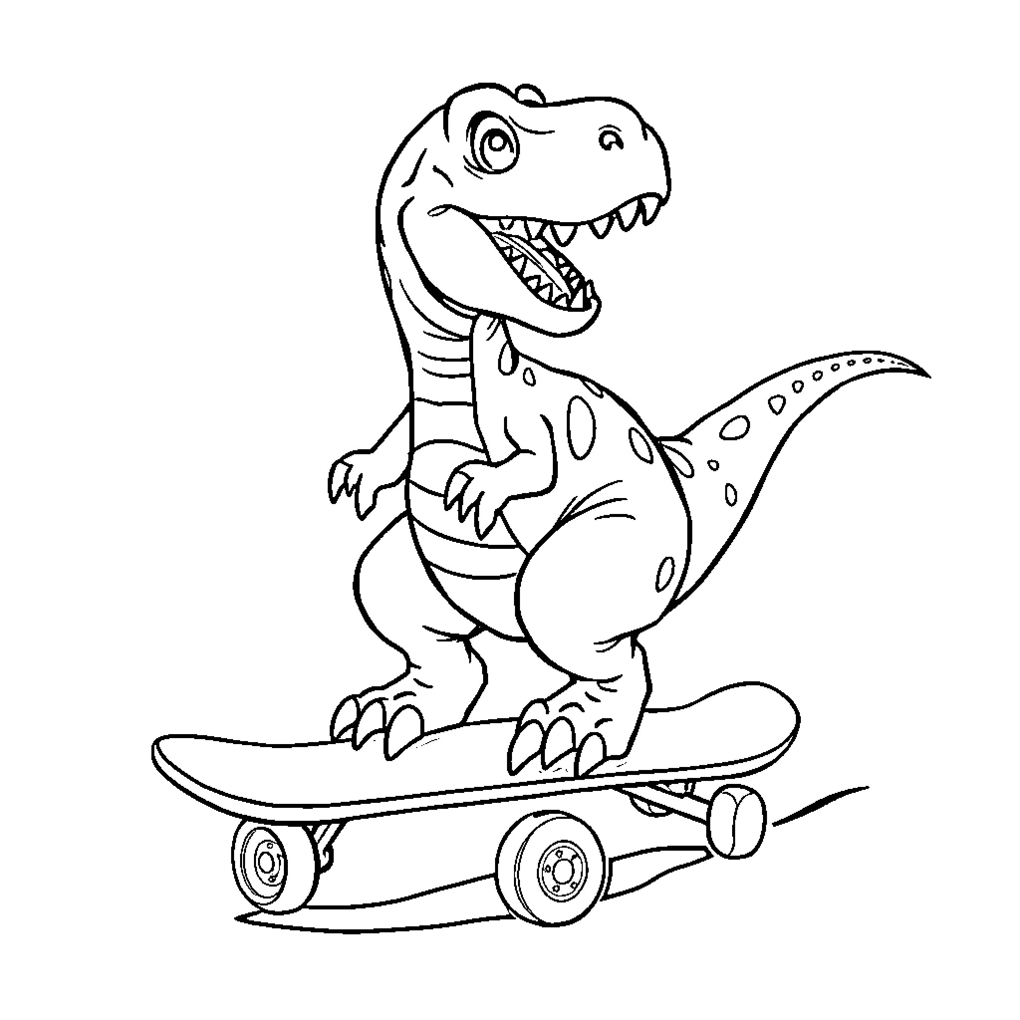 Dinosaur riding a skateboard Coloring Page (free black-and-white line drawing printable PDF for all, from beginners to advanced learners, including children, teens, adults, and seniors)