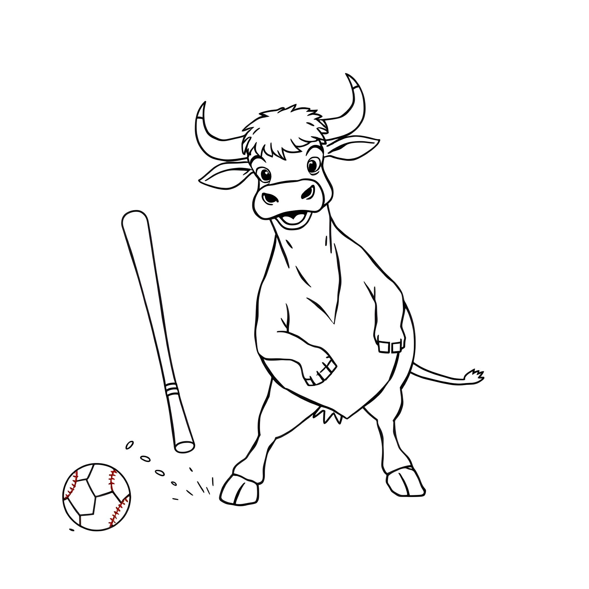 Cow playing with a ball and bat Coloring Page (free black-and-white line drawing printable PDF for all, from beginners to advanced learners, including children, teens, adults, and seniors)