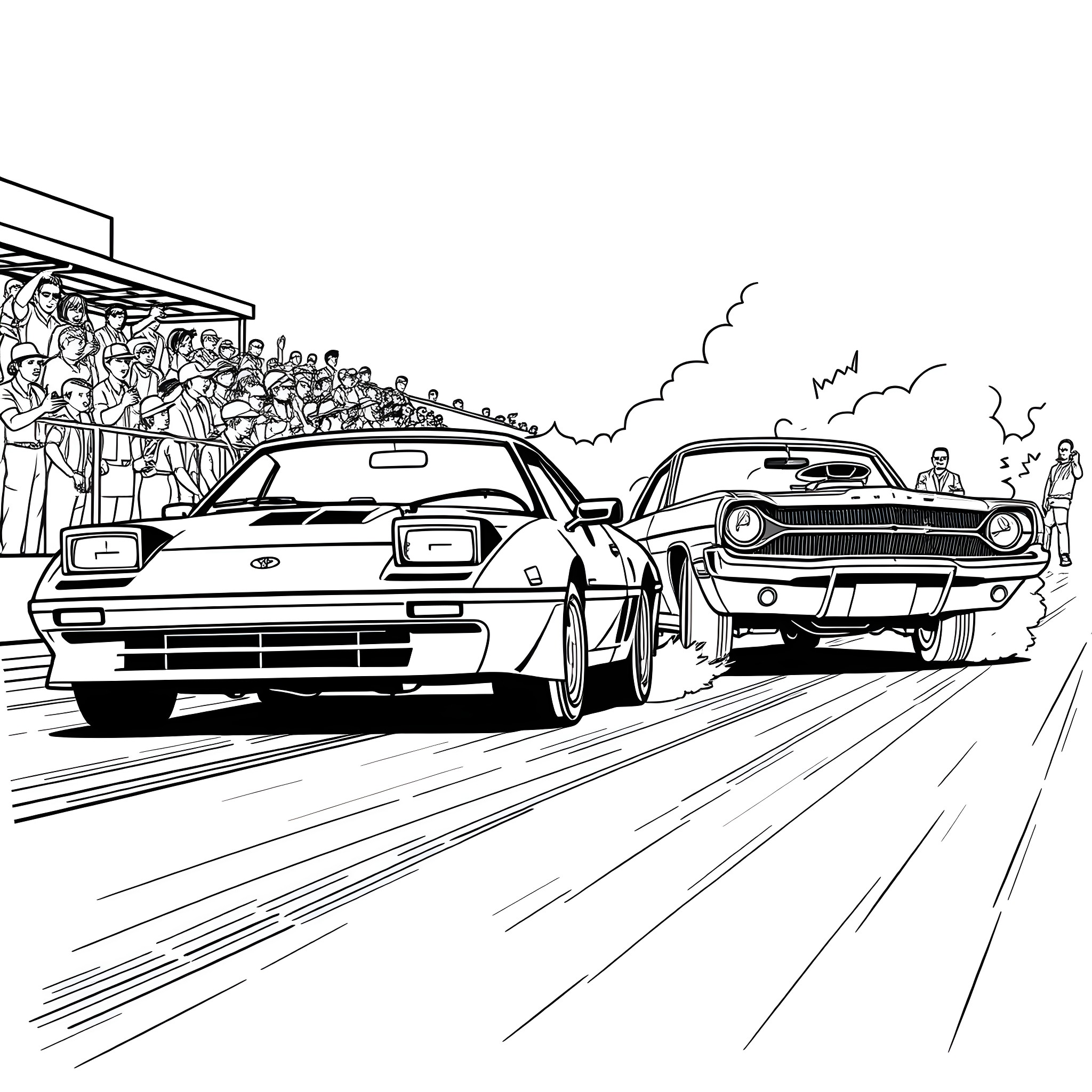Cars racing at high speed on the track Coloring Page (free black-and-white line drawing printable PDF for all, from beginners to advanced learners, including children, teens, adults, and seniors)