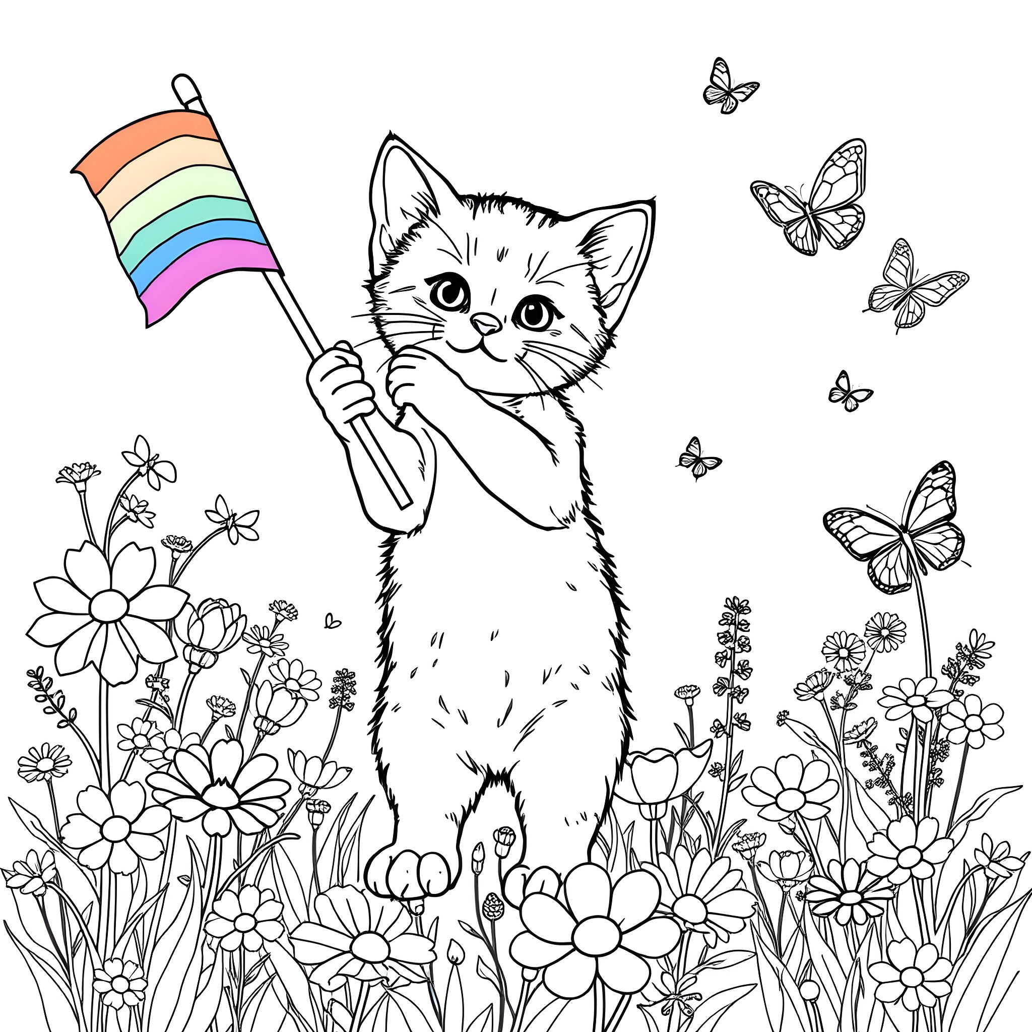 Kitten joyfully waving rainbow flag in floral garden Coloring Page (free black-and-white line drawing printable PDF for all, from beginners to advanced learners, including children, teens, adults, and seniors)