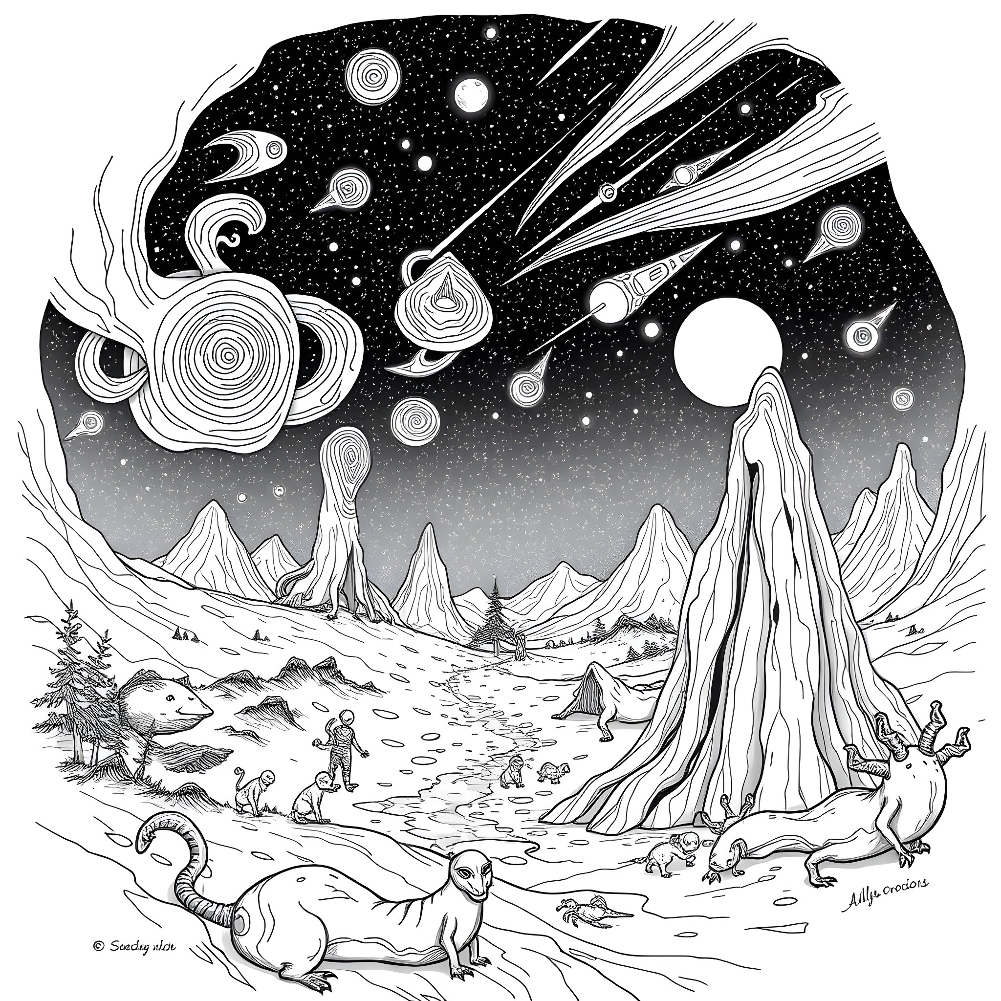 Alien Celestial Entities in Ethereal Realm Coloring Page (free black-and-white line drawing printable PDF for all, from beginners to advanced learners, including children, teens, adults, and seniors)