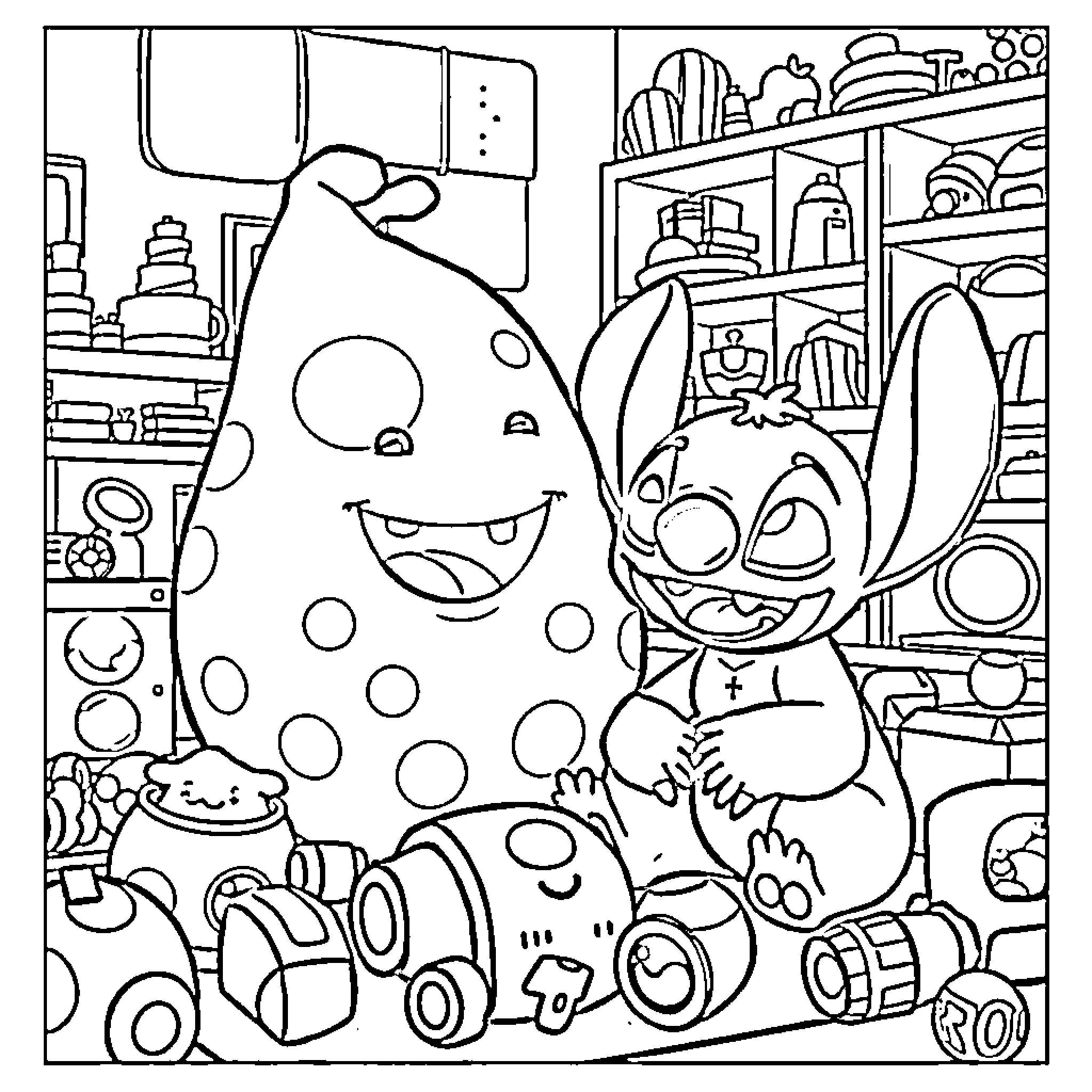 Mr Blobby and Stitch in Playful Chaos Coloring Page (free black-and-white line drawing printable PDF for all, from beginners to advanced learners, including children, teens, adults, and seniors)