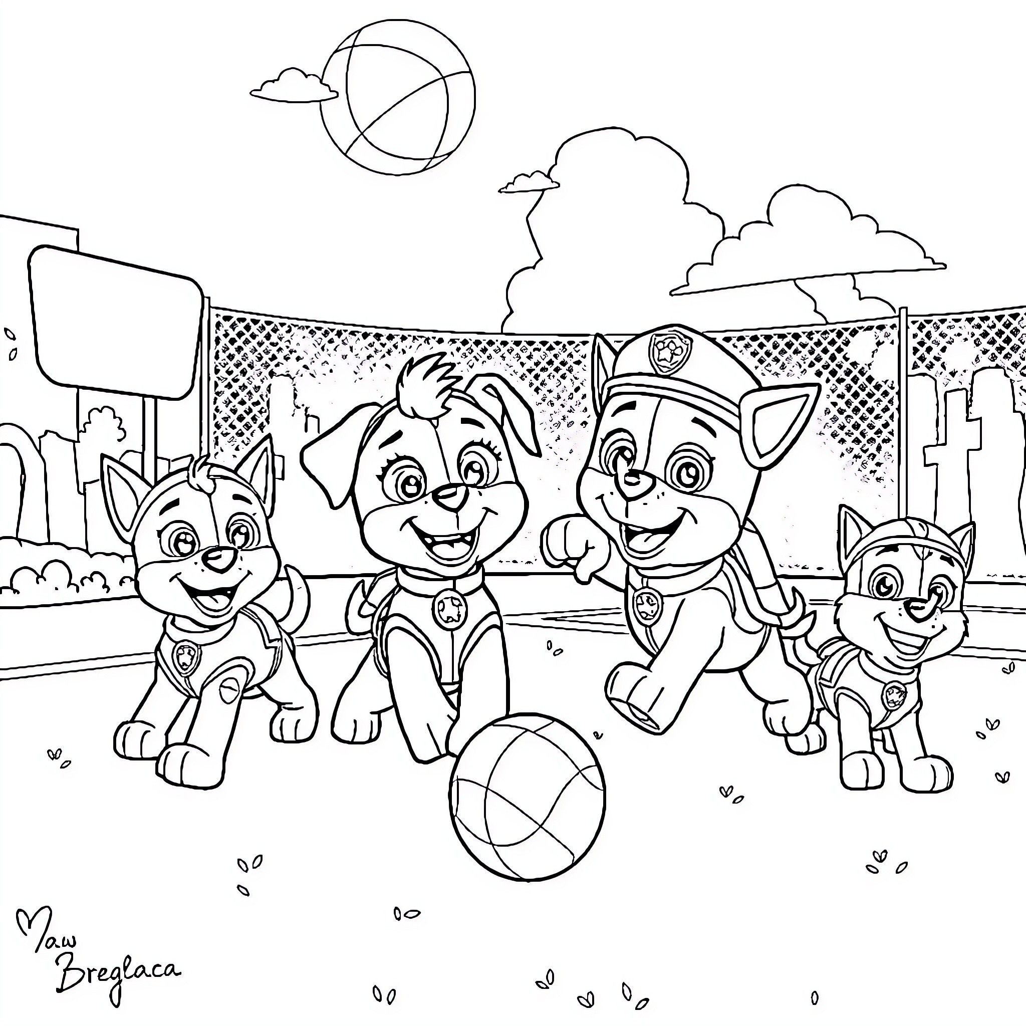 Paw Patrol characters playing with a ball Coloring Page (free black-and-white line drawing printable PDF for all, from beginners to advanced learners, including children, teens, adults, and seniors)