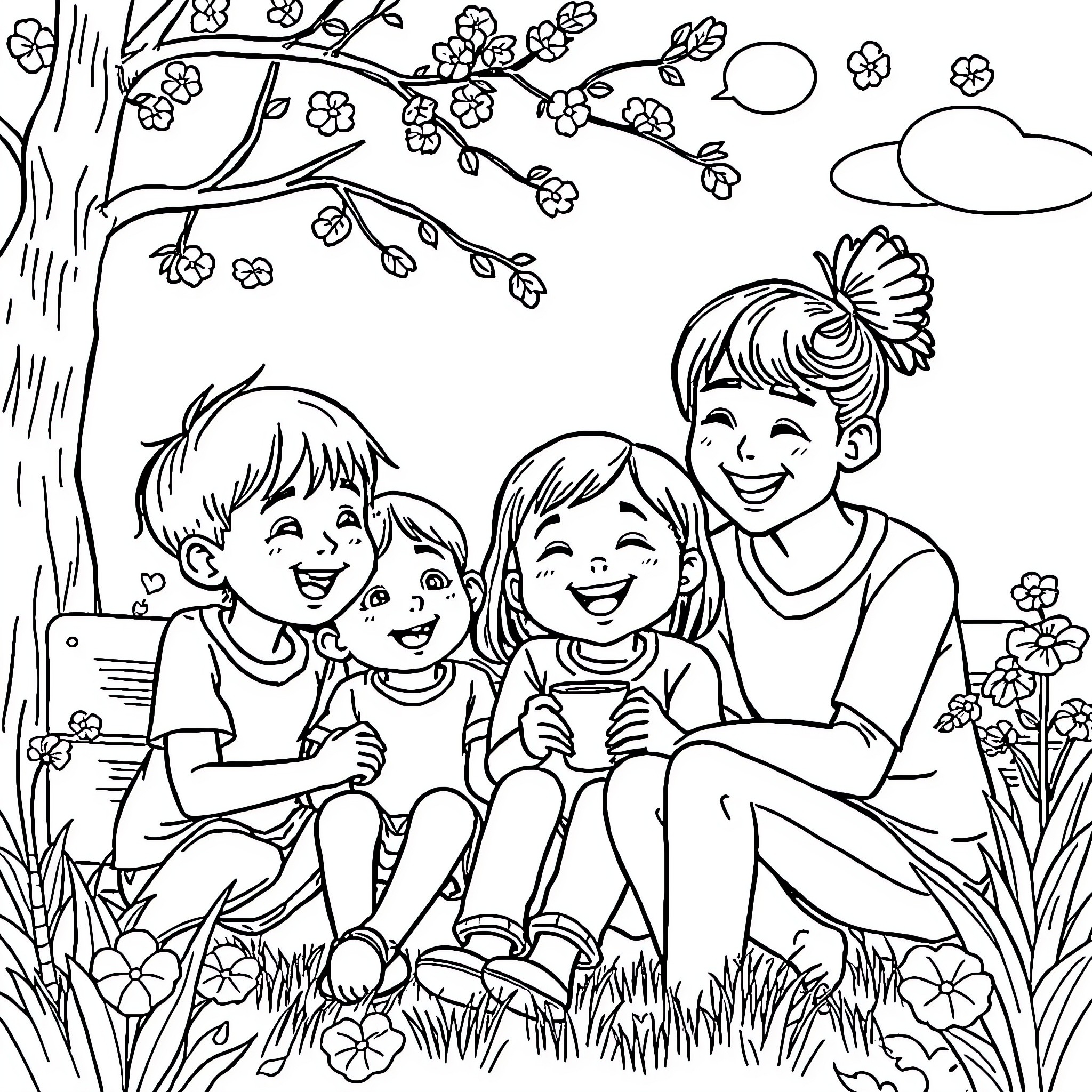 Family Enjoying Springtime Outdoors Coloring Page (free black-and-white line drawing printable PDF for all, from beginners to advanced learners, including children, teens, adults, and seniors)
