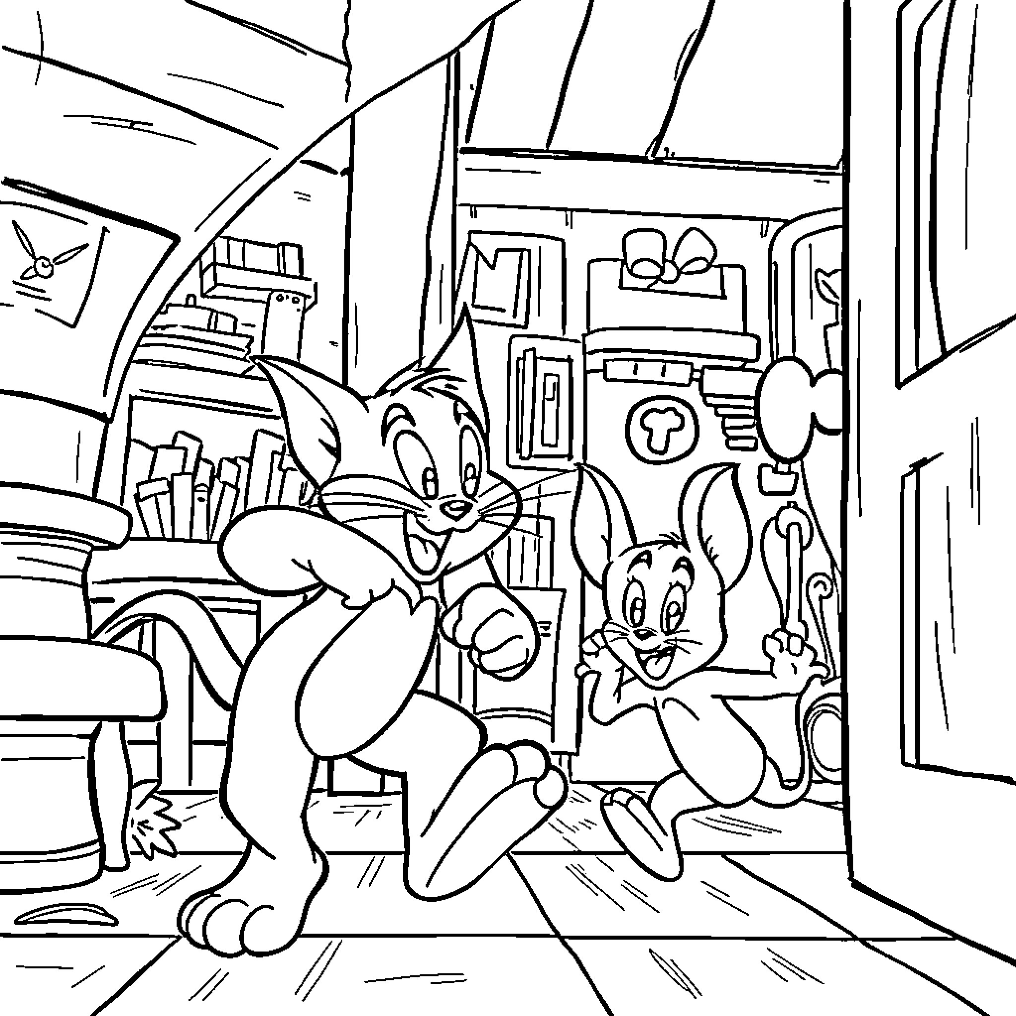 Tom and Jerry's Mischievous Antics in the Cluttered Room Coloring Page (free black-and-white line drawing printable PDF for all, from beginners to advanced learners, including children, teens, adults, and seniors)