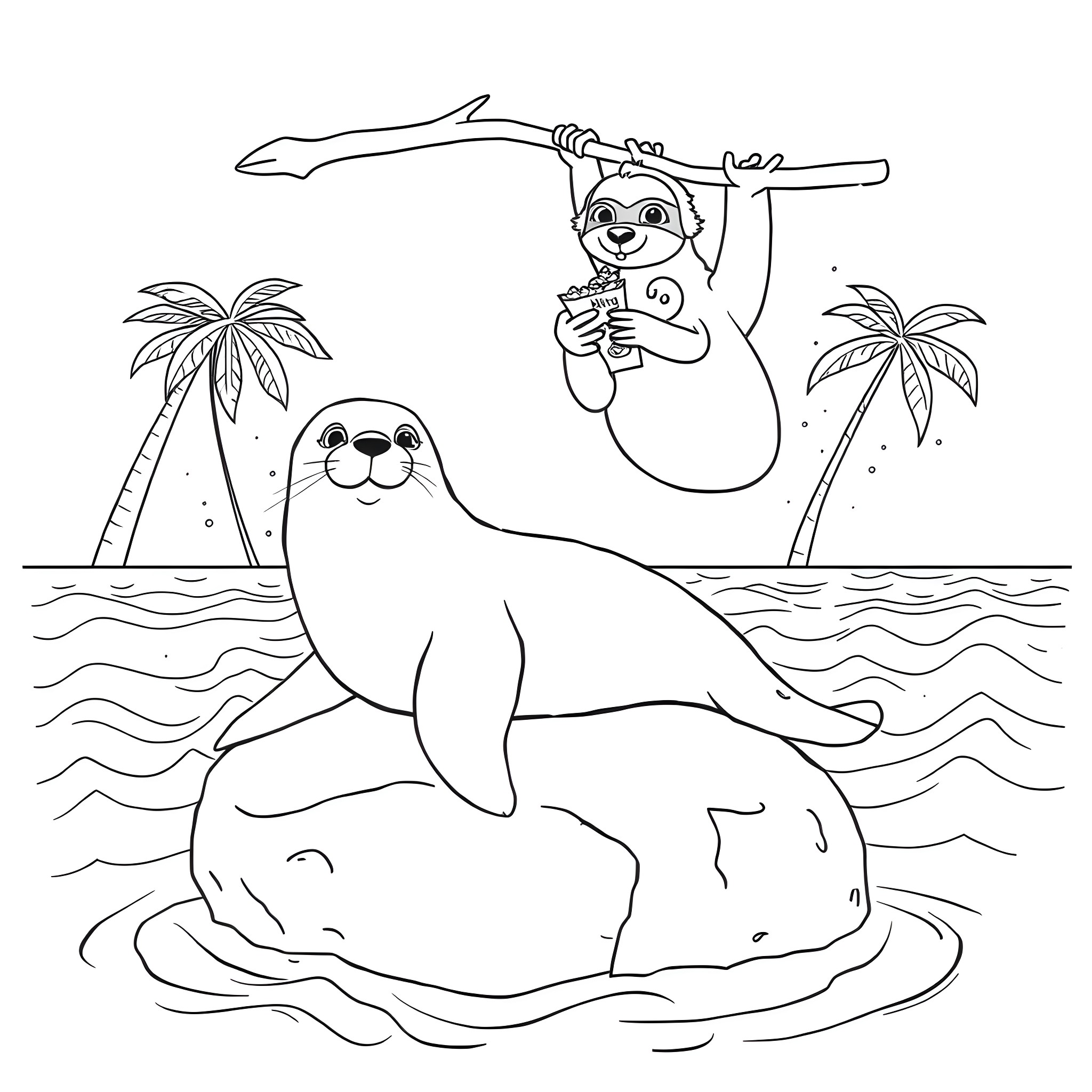 Seal and sloth relaxing on tropical beach Coloring Page (free black-and-white line drawing printable PDF for all, from beginners to advanced learners, including children, teens, adults, and seniors)