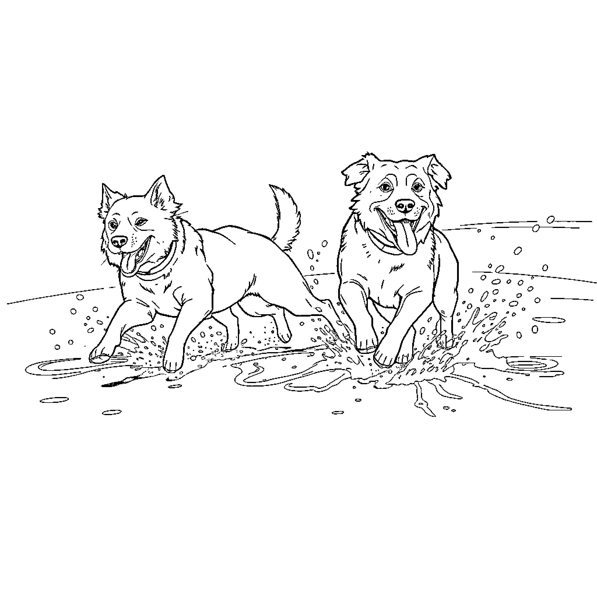 Dog playing joyfully in the mud Coloring Page (free black-and-white line drawing printable PDF for all, from beginners to advanced learners, including children, teens, adults, and seniors)