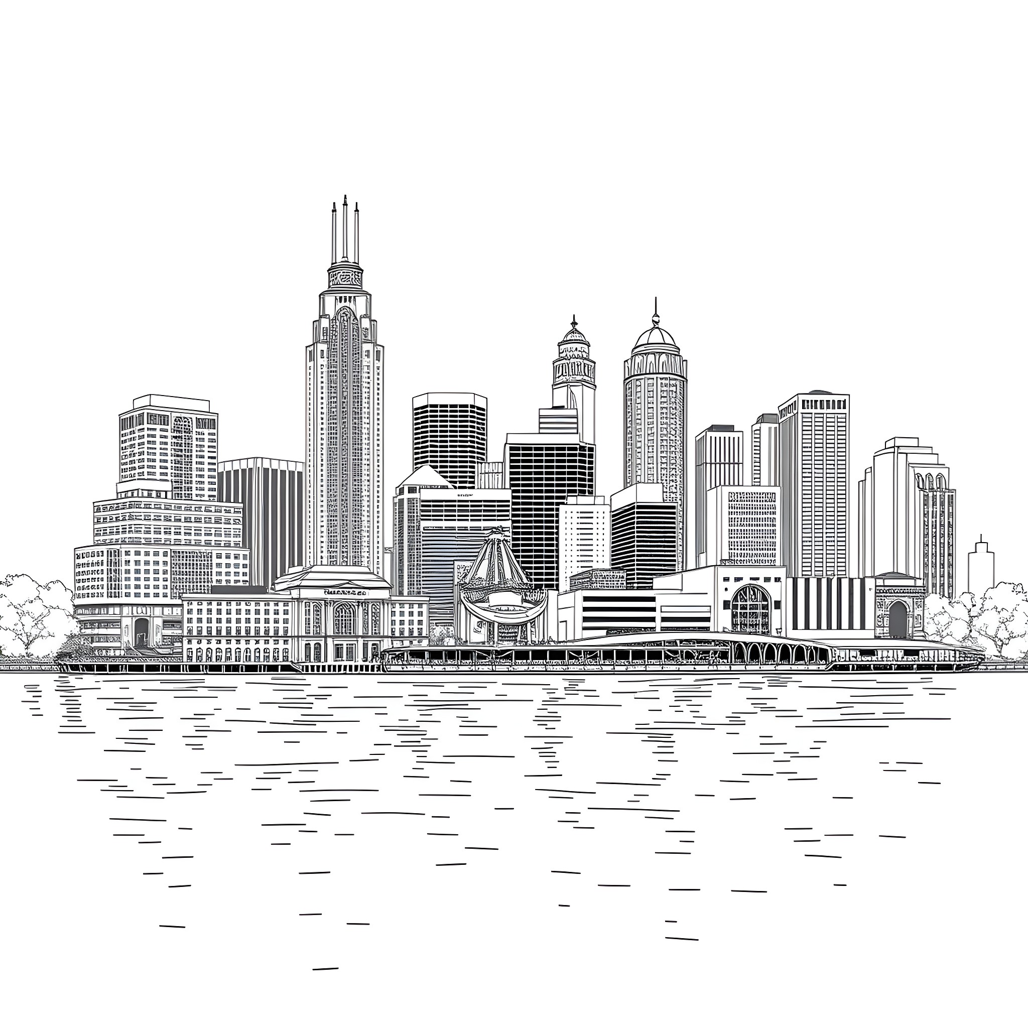 Milwaukee skyline with buildings and river Coloring Page (free black-and-white line drawing printable PDF for all, from beginners to advanced learners, including children, teens, adults, and seniors)