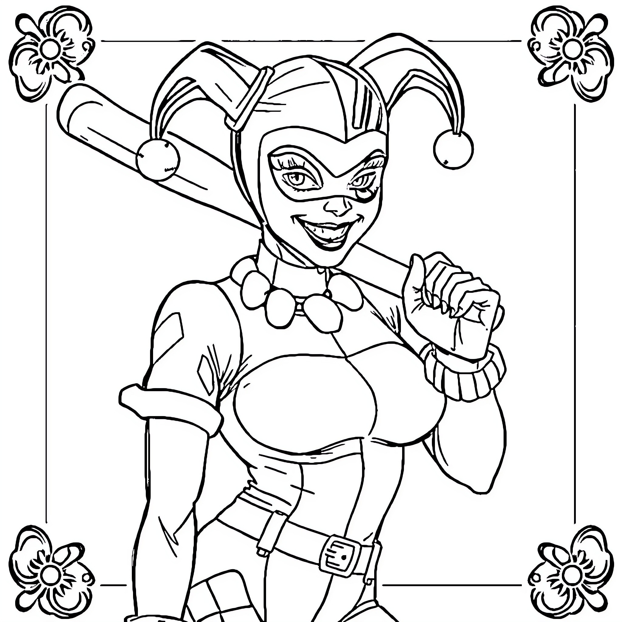 Harley Queen's Mischievous Antics Coloring Page (free black-and-white line drawing printable PDF for all, from beginners to advanced learners, including children, teens, adults, and seniors)