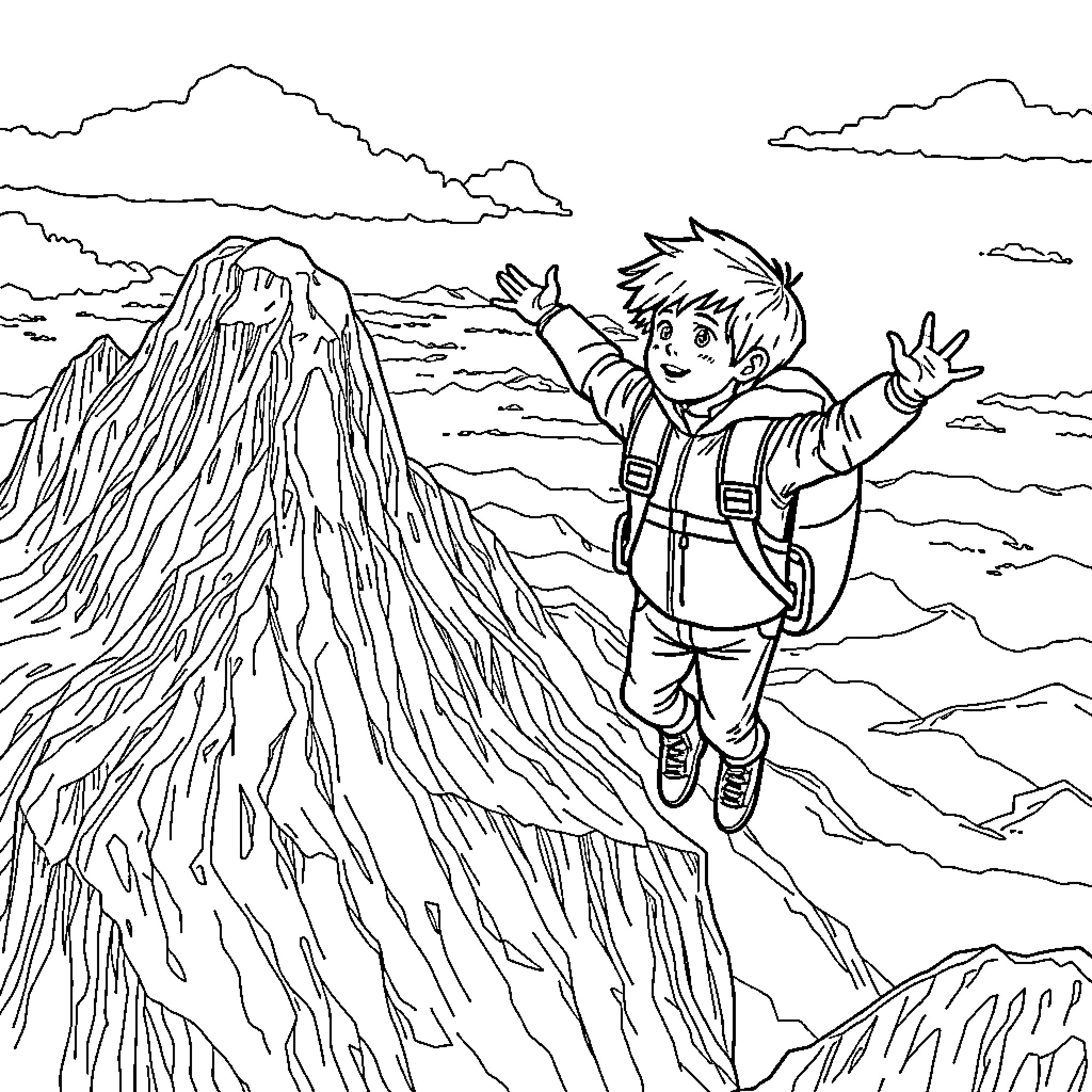 Niño exploring the rugged mountain terrain Coloring Page (free black-and-white line drawing printable PDF for all, from beginners to advanced learners, including children, teens, adults, and seniors)