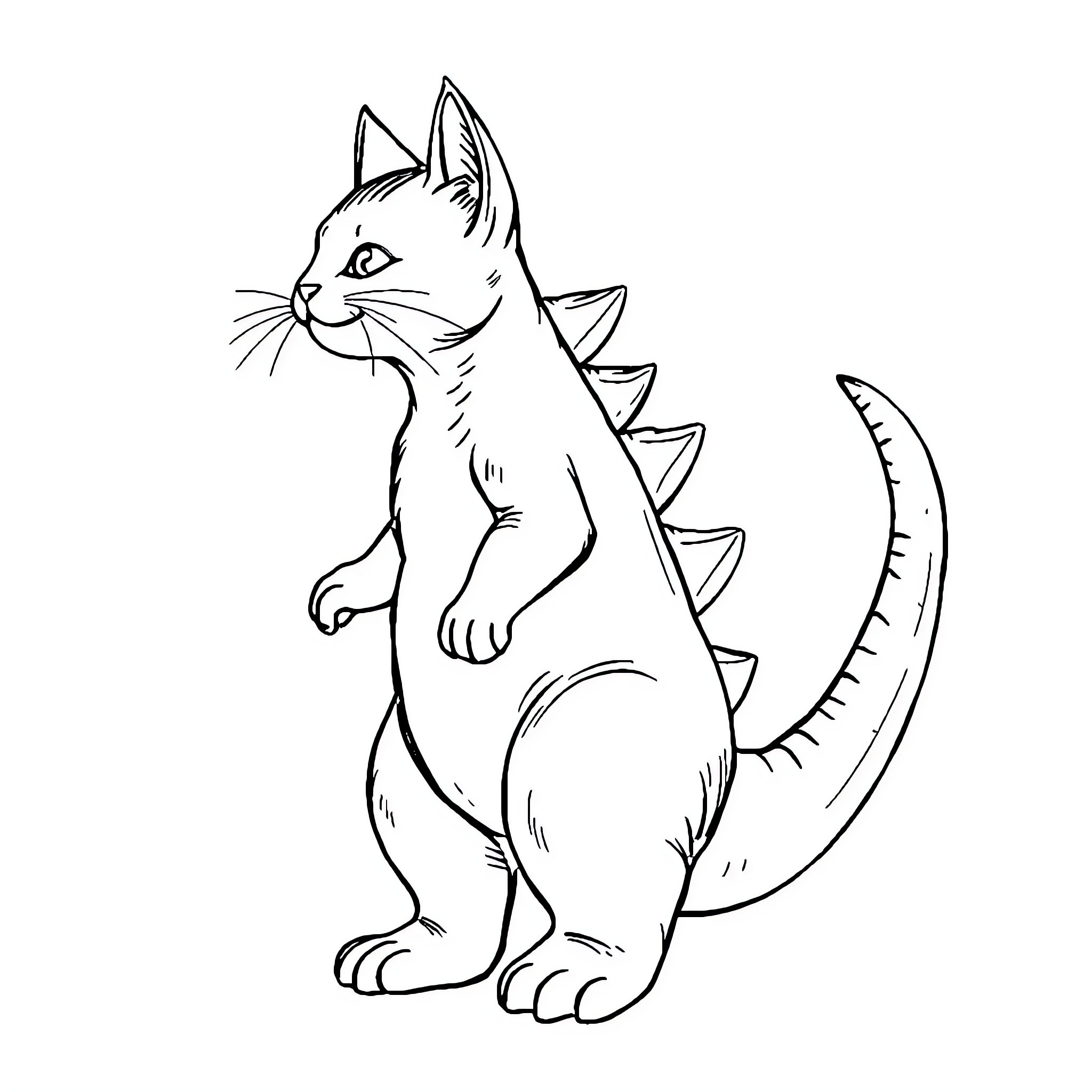 Cat with Spiky Tail Coloring Page (free black-and-white line drawing printable PDF for all, from beginners to advanced learners, including children, teens, adults, and seniors)