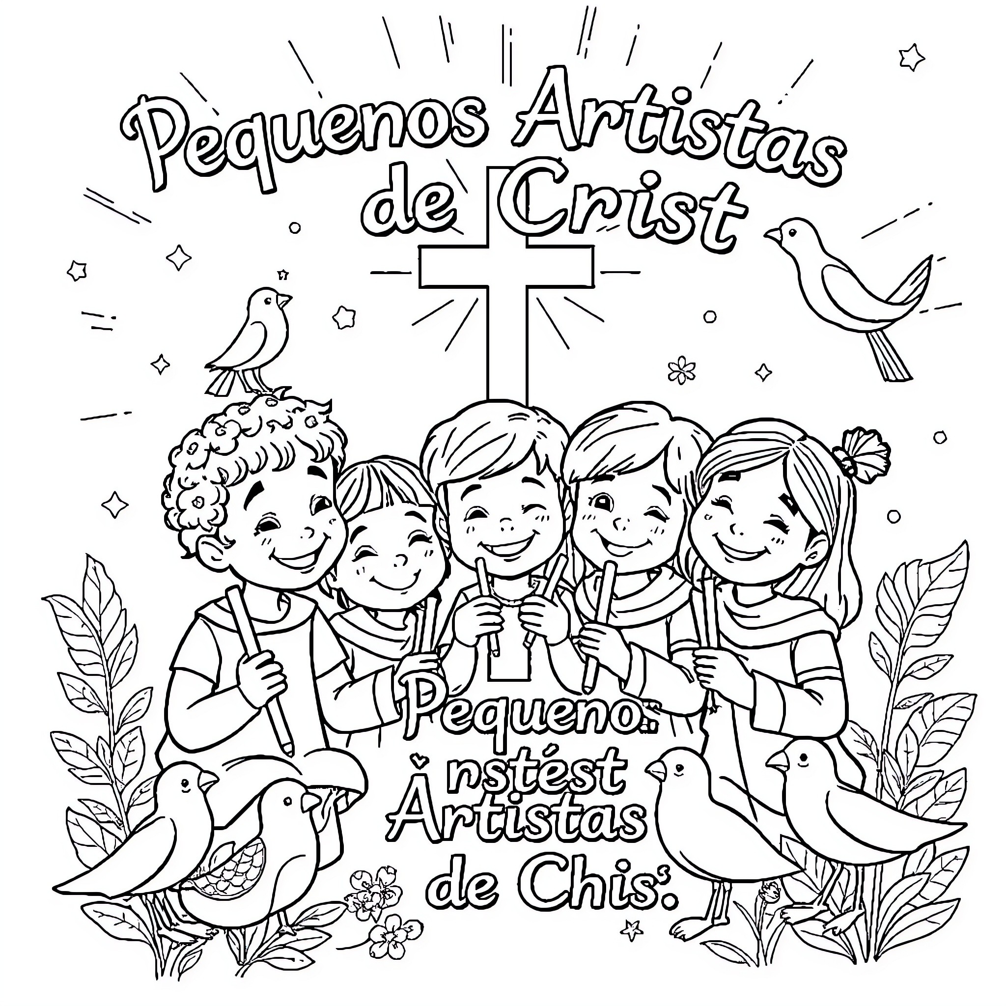 Children celebrating as young artists of Christ Coloring Page (free black-and-white line drawing printable PDF for all, from beginners to advanced learners, including children, teens, adults, and seniors)