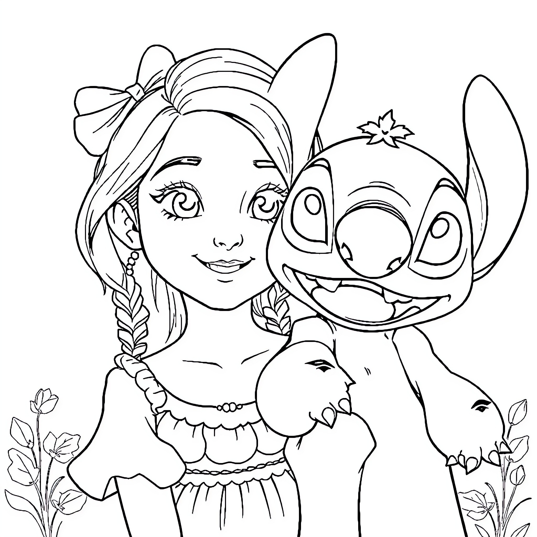 Aurianne's Playful Adventure with Stitch Coloring Page (free black-and-white line drawing printable PDF for all, from beginners to advanced learners, including children, teens, adults, and seniors)
