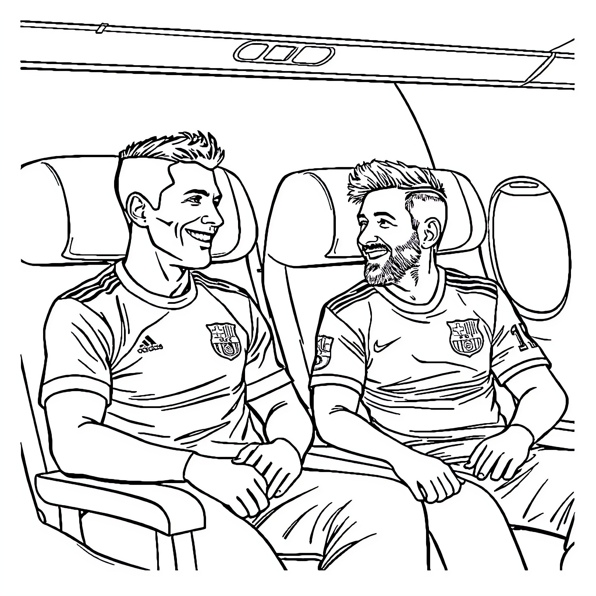 Ronaldo and his teammate on a plane Coloring Page (free black-and-white line drawing printable PDF for all, from beginners to advanced learners, including children, teens, adults, and seniors)