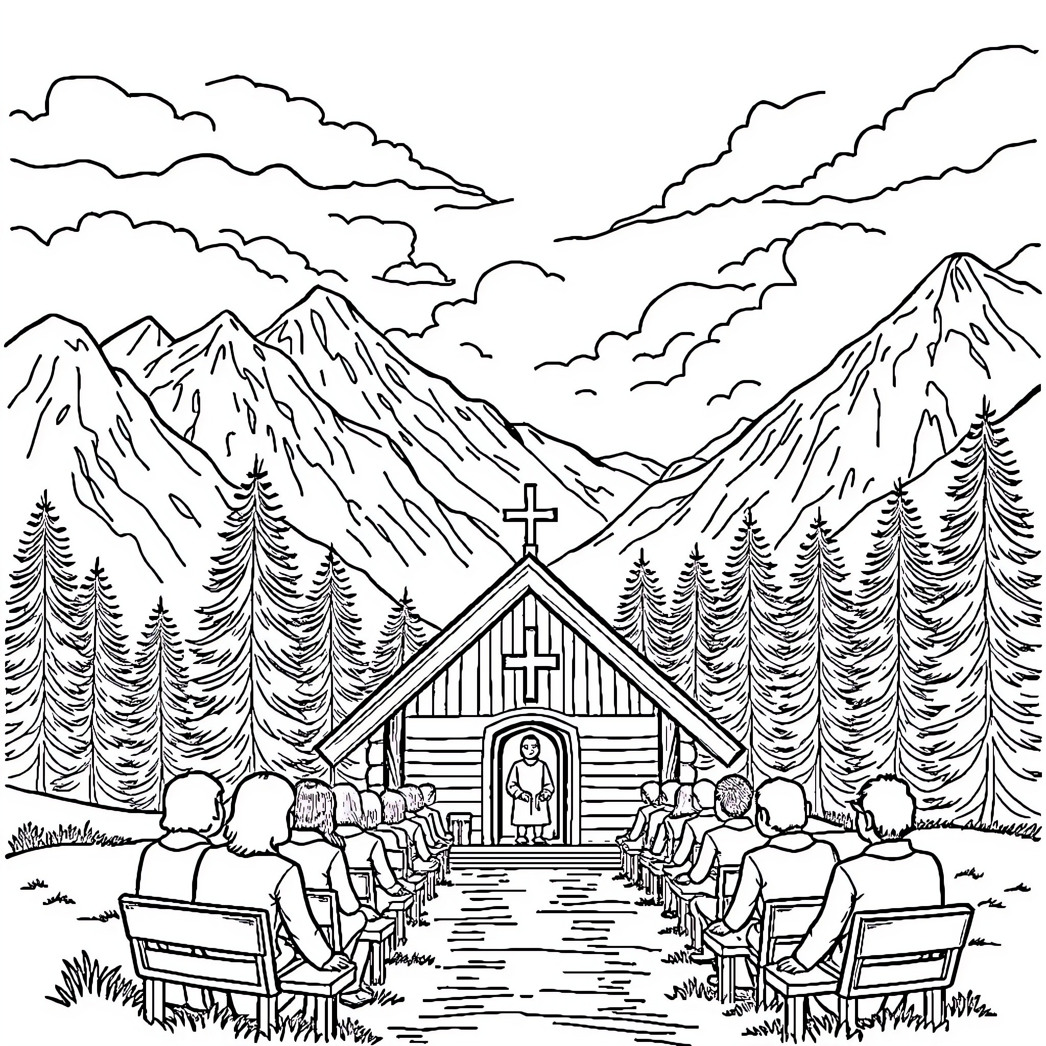 Church Service in the Mountains Coloring Page (free black-and-white line drawing printable PDF for all, from beginners to advanced learners, including children, teens, adults, and seniors)