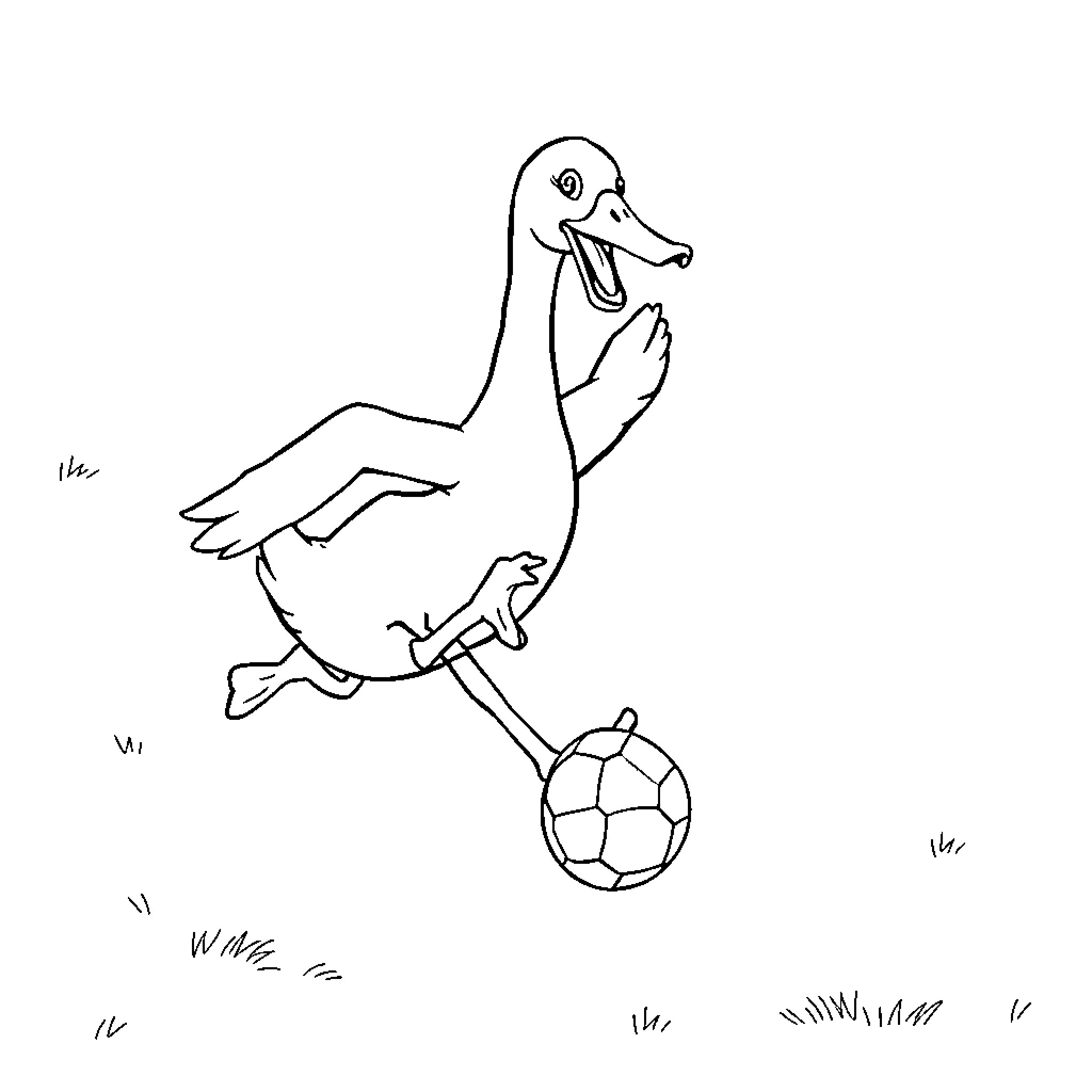 Goose playing with soccer ball on grass Coloring Page (free black-and-white line drawing printable PDF for all, from beginners to advanced learners, including children, teens, adults, and seniors)
