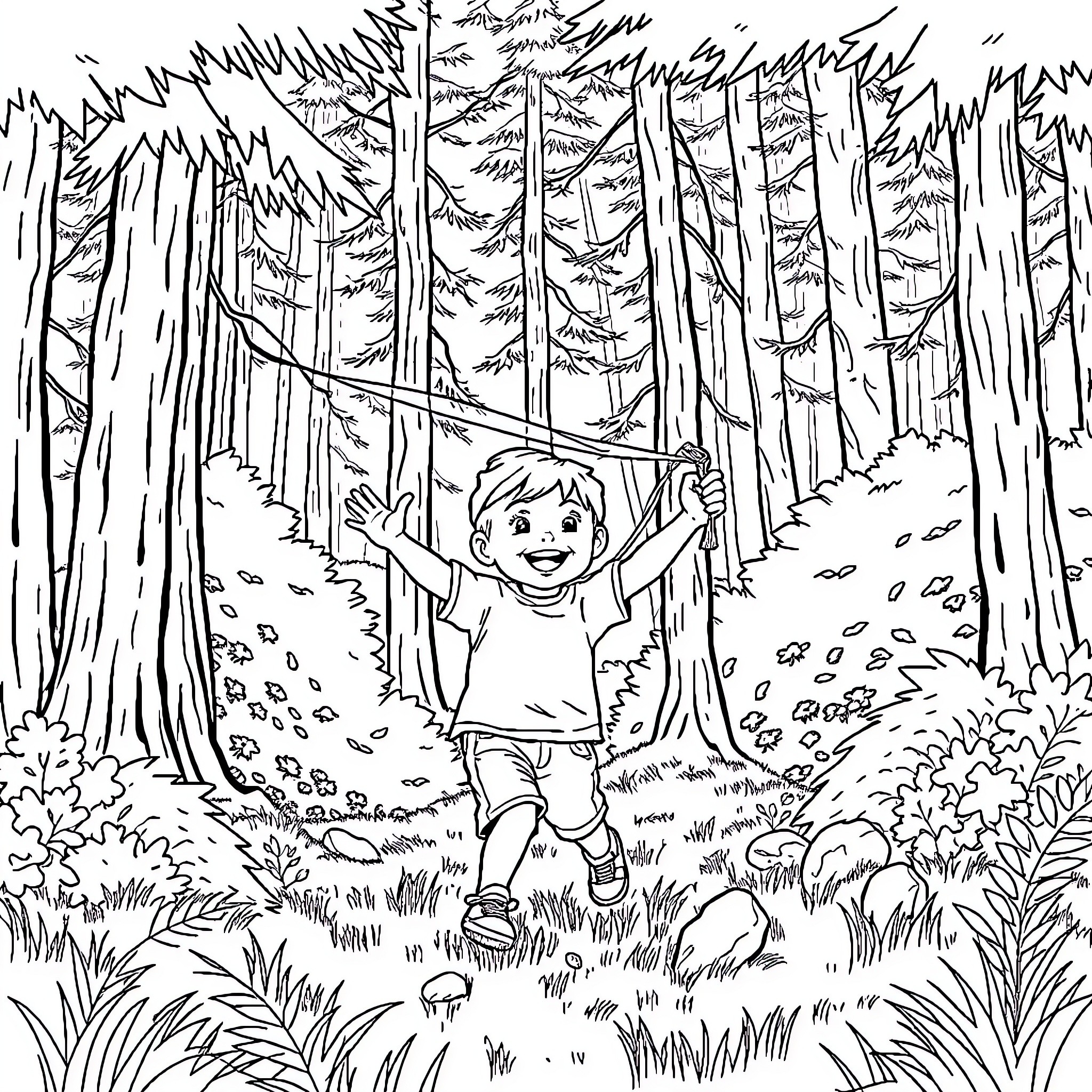 Boy exploring the enchanting forest Coloring Page (free black-and-white line drawing printable PDF for all, from beginners to advanced learners, including children, teens, adults, and seniors)