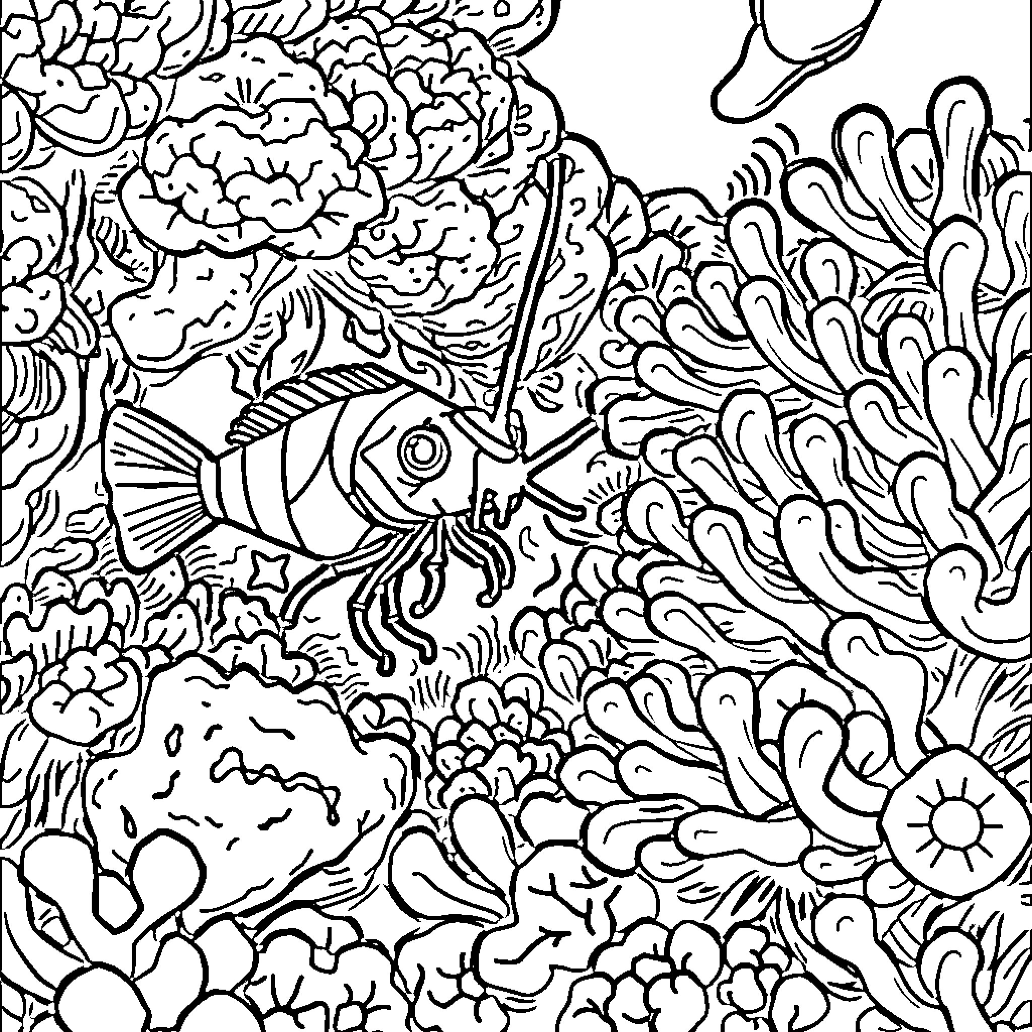 Shrimp swimming in vibrant underwater world Coloring Page (free black-and-white line drawing printable PDF for all, from beginners to advanced learners, including children, teens, adults, and seniors)