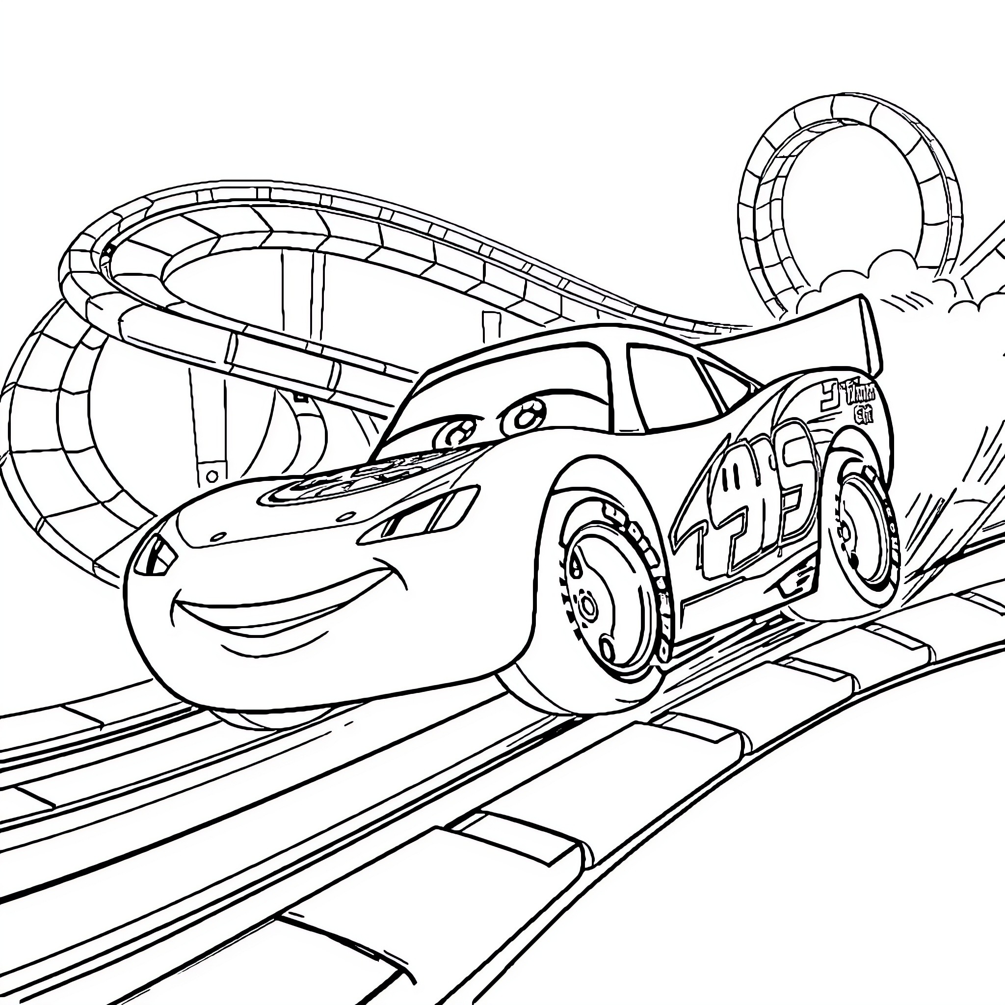 Lightning McQueen speeding through a roller coaster track Coloring Page (free black-and-white line drawing printable PDF for all, from beginners to advanced learners, including children, teens, adults, and seniors)