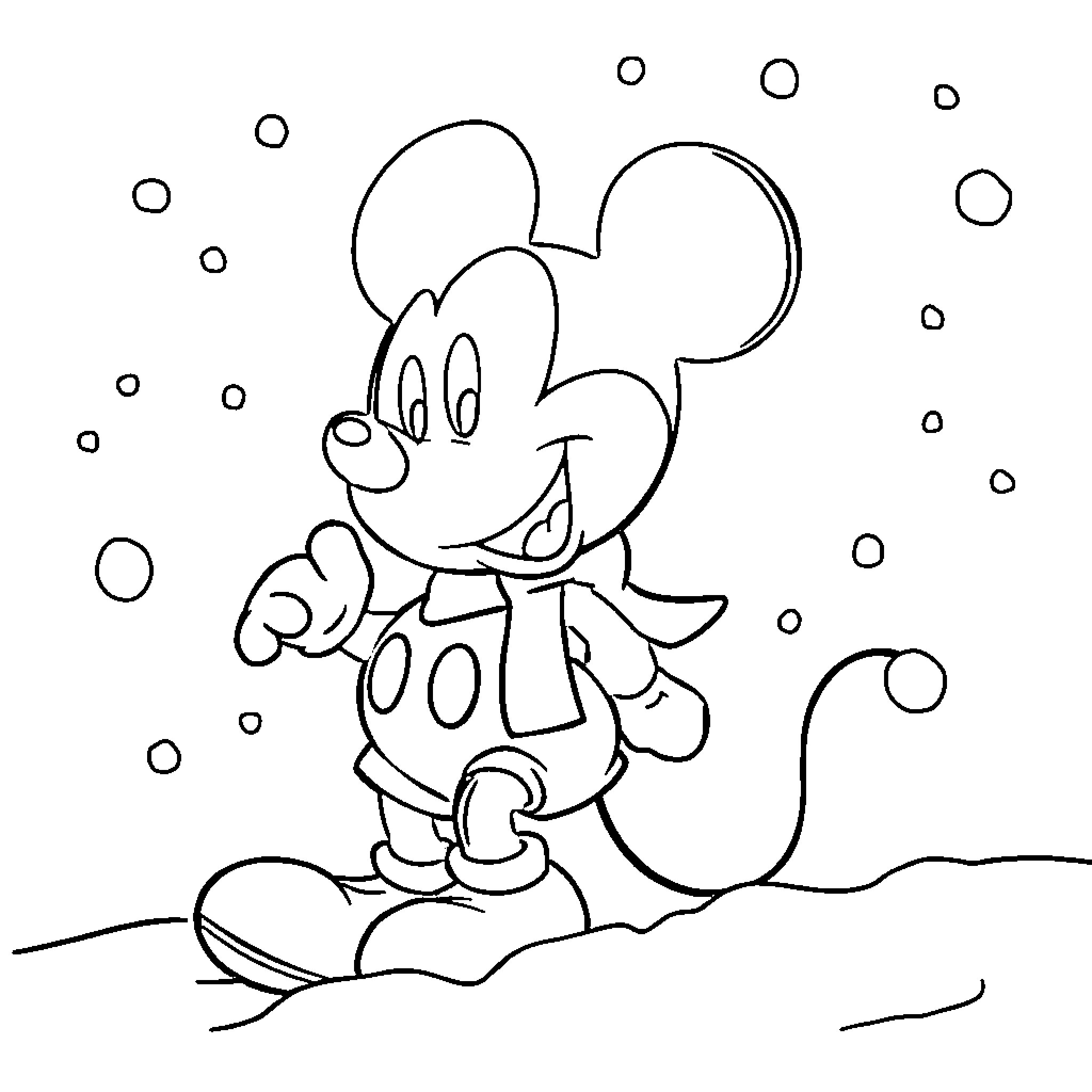 Mickey in a Winter Wonderland Coloring Page (free black-and-white line drawing printable PDF for all, from beginners to advanced learners, including children, teens, adults, and seniors)