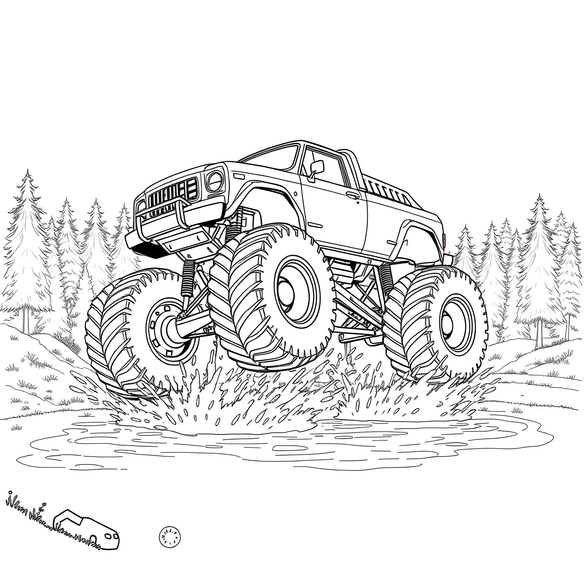 Bigfoot monster truck driving through forest and mud Coloring Page (free black-and-white line drawing printable PDF for all, from beginners to advanced learners, including children, teens, adults, and seniors)