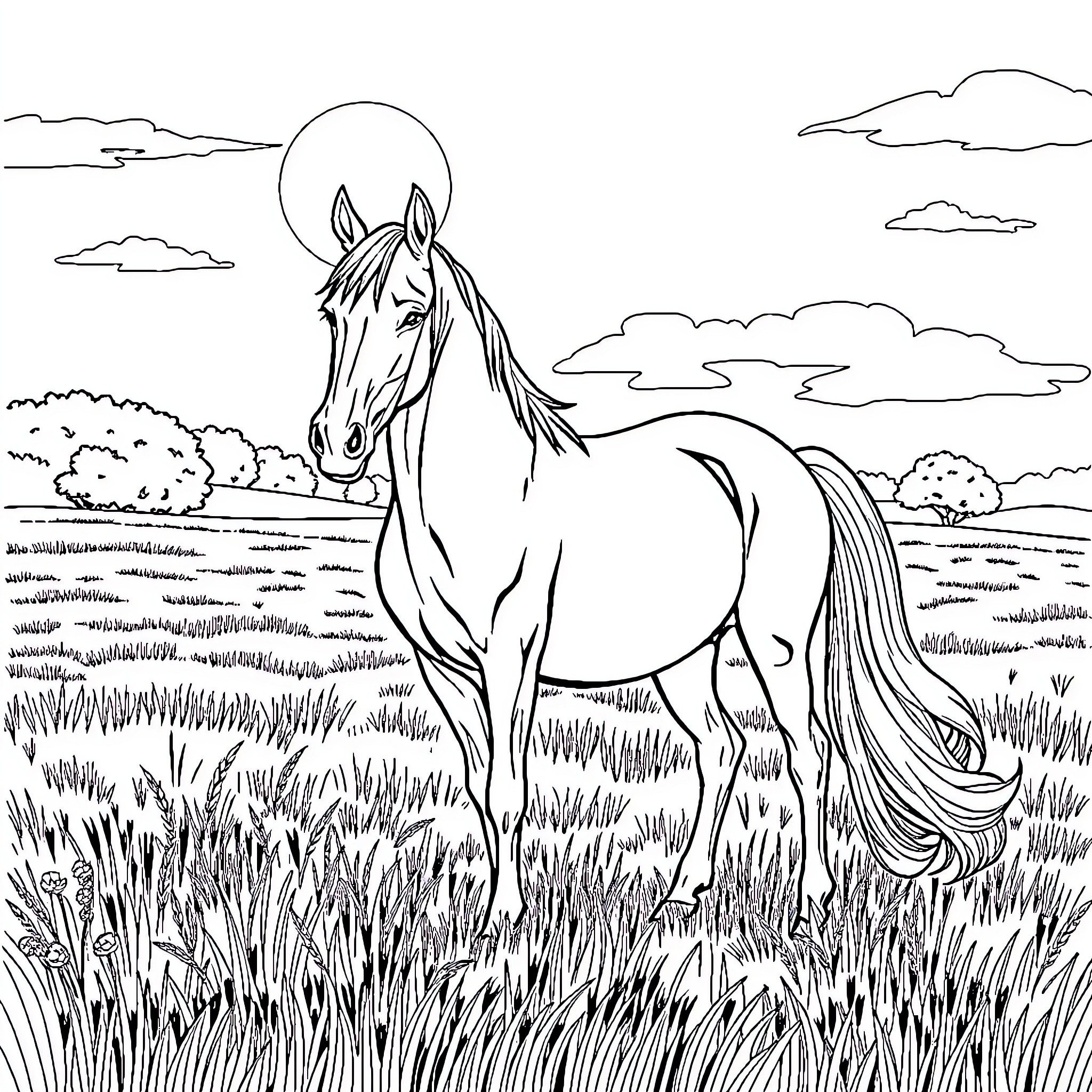 Horse grazing peacefully in a pastoral landscape Coloring Page (free black-and-white line drawing printable PDF for all, from beginners to advanced learners, including children, teens, adults, and seniors)