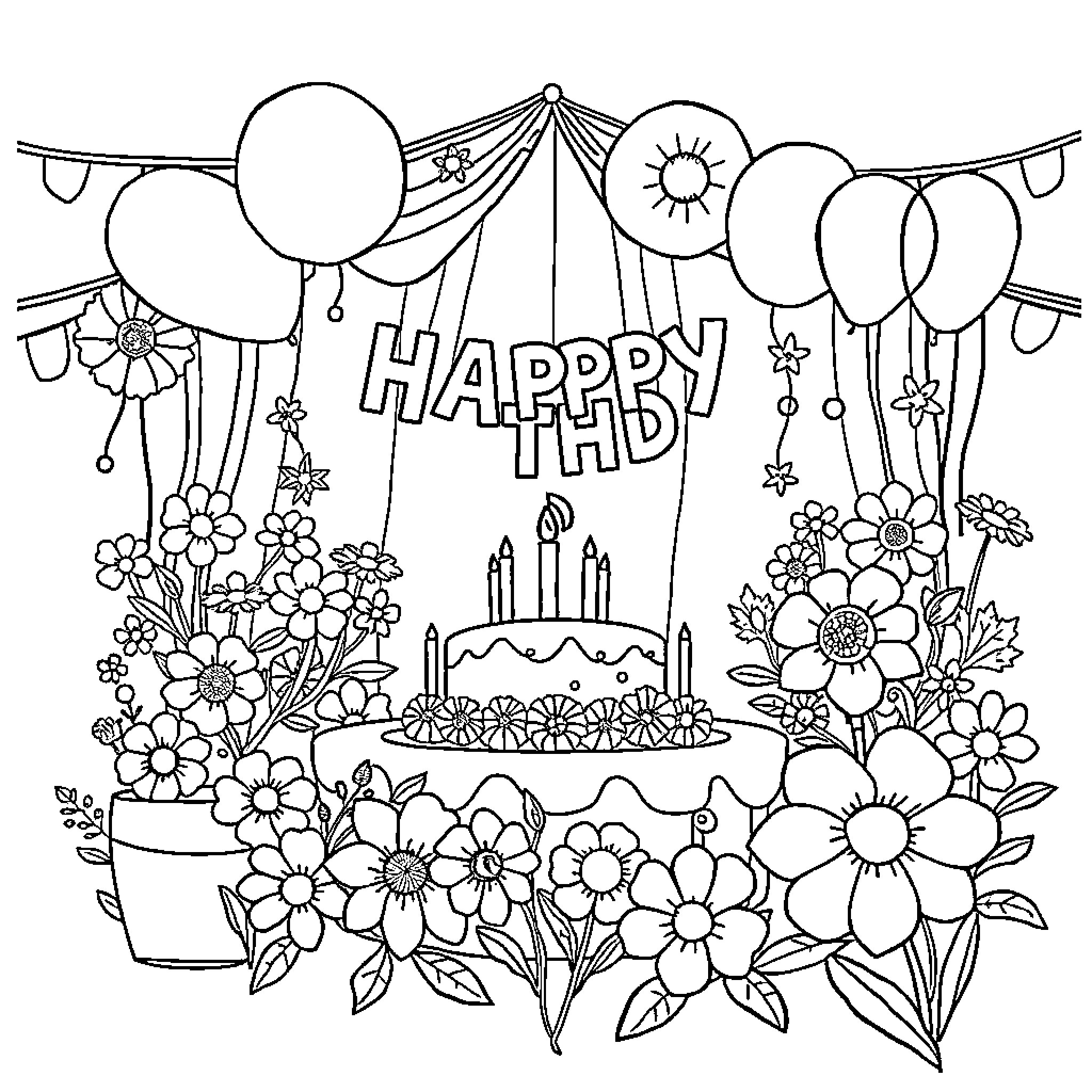 Flower-decorated birthday celebration scene Coloring Page (free black-and-white line drawing printable PDF for all, from beginners to advanced learners, including children, teens, adults, and seniors)