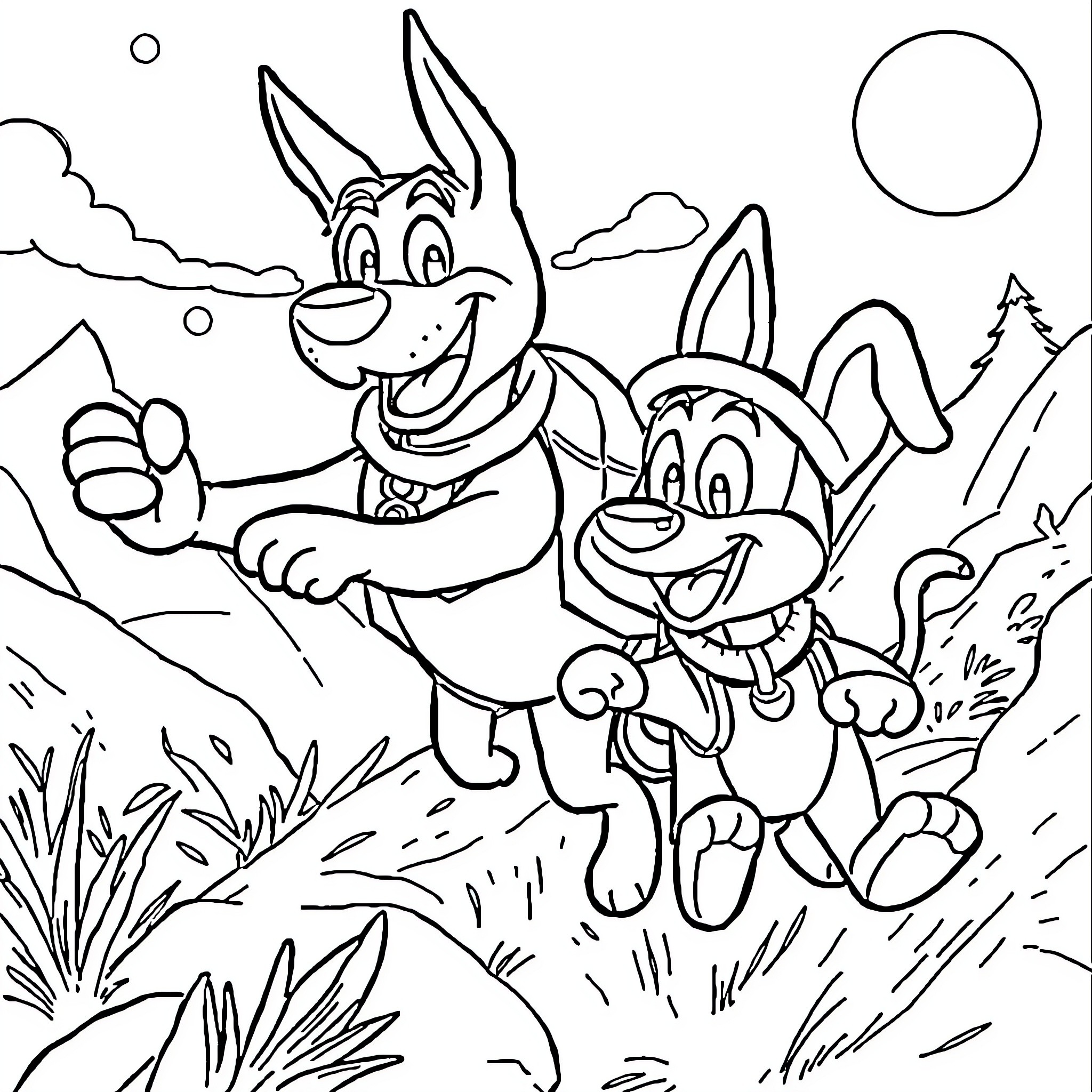 Dog Man adventures in the outdoors Coloring Page (free black-and-white line drawing printable PDF for all, from beginners to advanced learners, including children, teens, adults, and seniors)