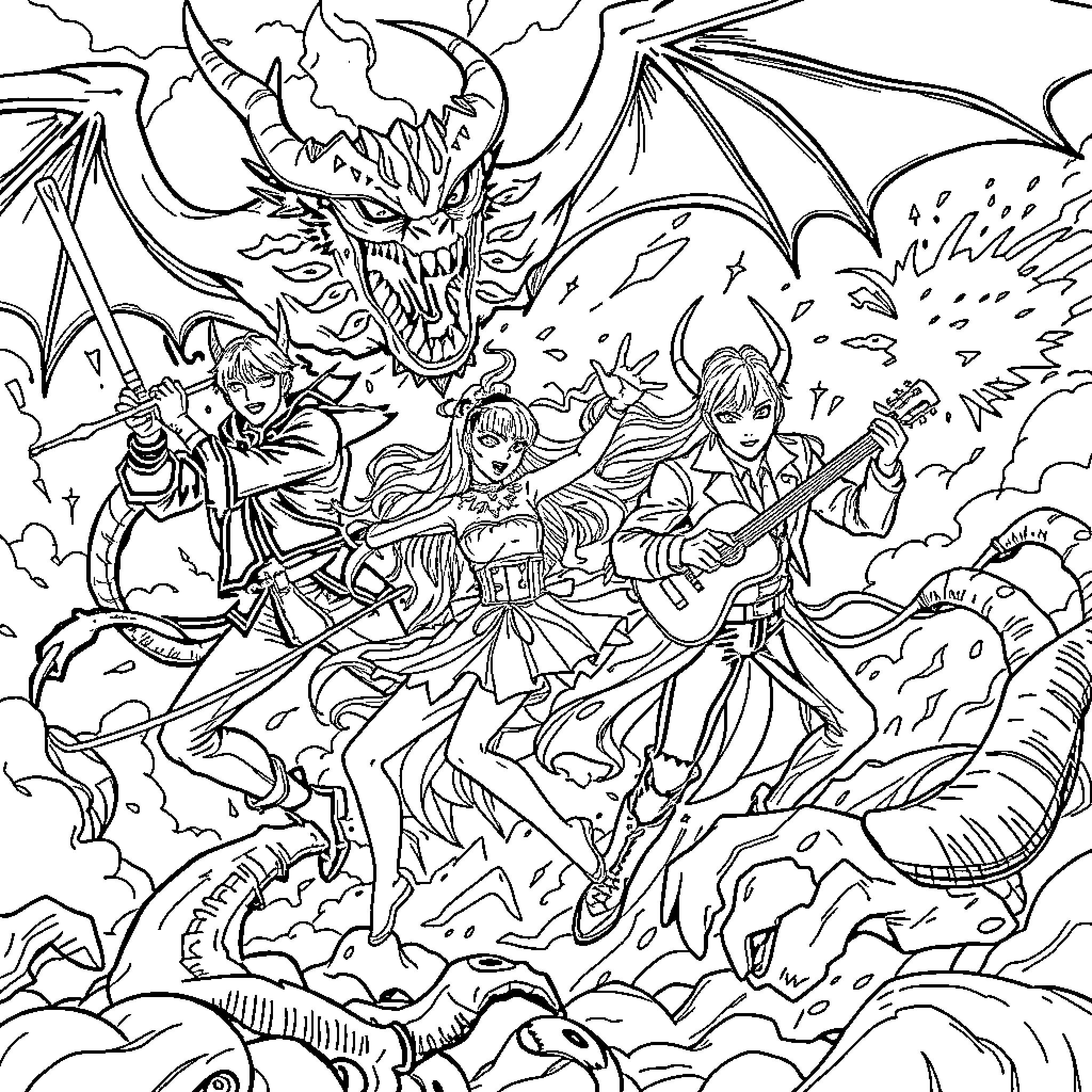 Demon Hunter Battles Fearsome Dragon with Allies Coloring Page (free black-and-white line drawing printable PDF for all, from beginners to advanced learners, including children, teens, adults, and seniors)