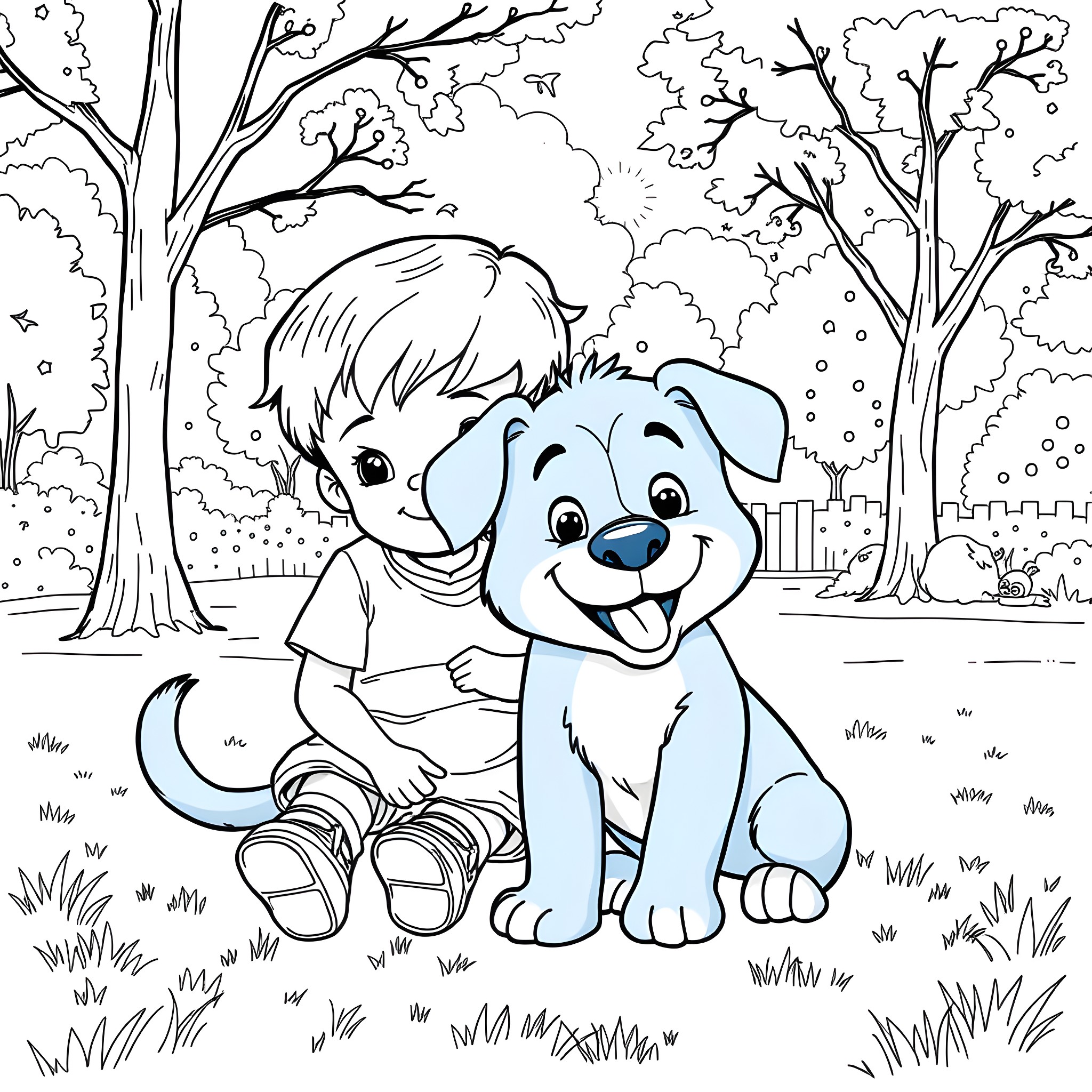 Bluey and his Playful Puppy Friend in the Park Coloring Page (free black-and-white line drawing printable PDF for all, from beginners to advanced learners, including children, teens, adults, and seniors)
