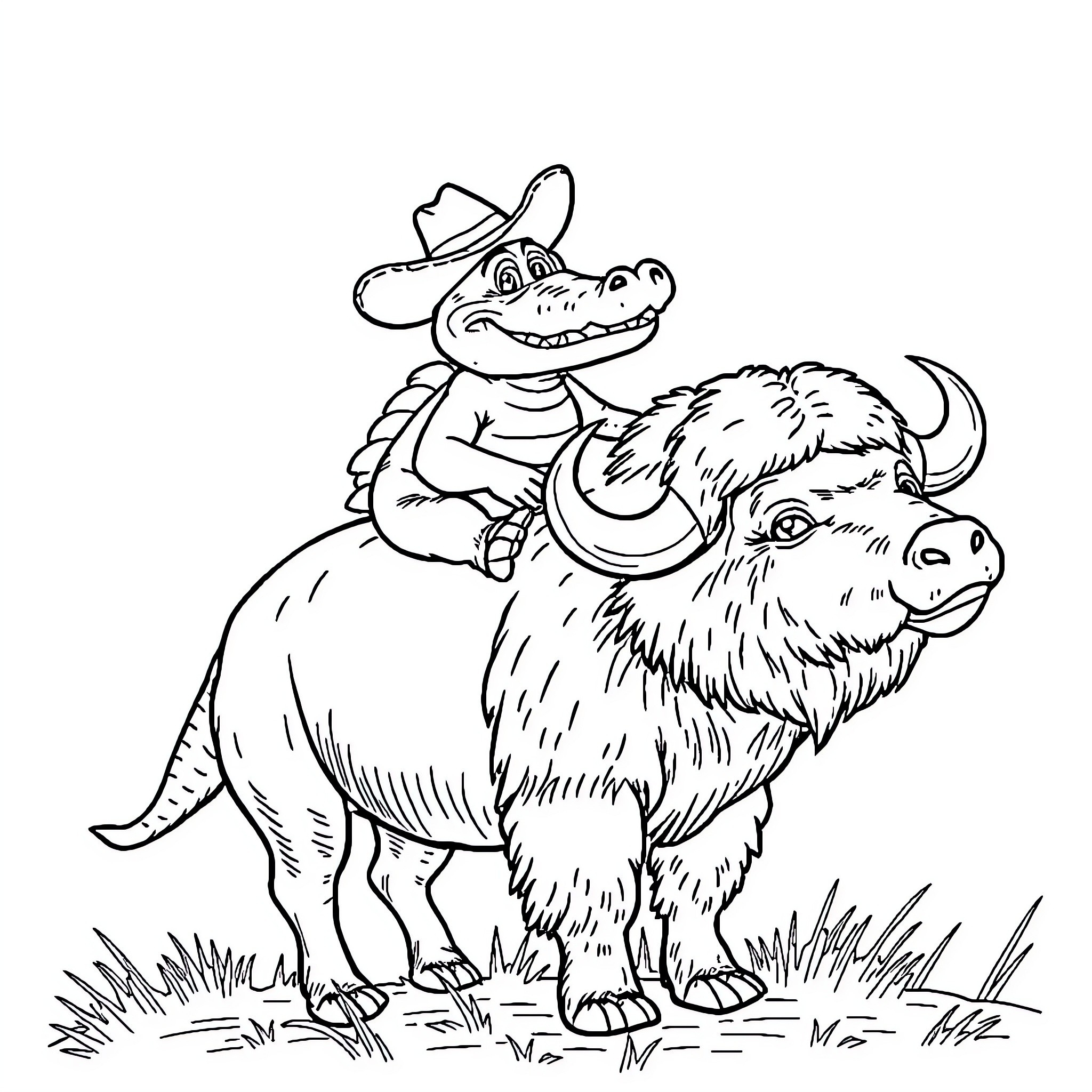 Alligator riding a furry animal in the wild Coloring Page (free black-and-white line drawing printable PDF for all, from beginners to advanced learners, including children, teens, adults, and seniors)