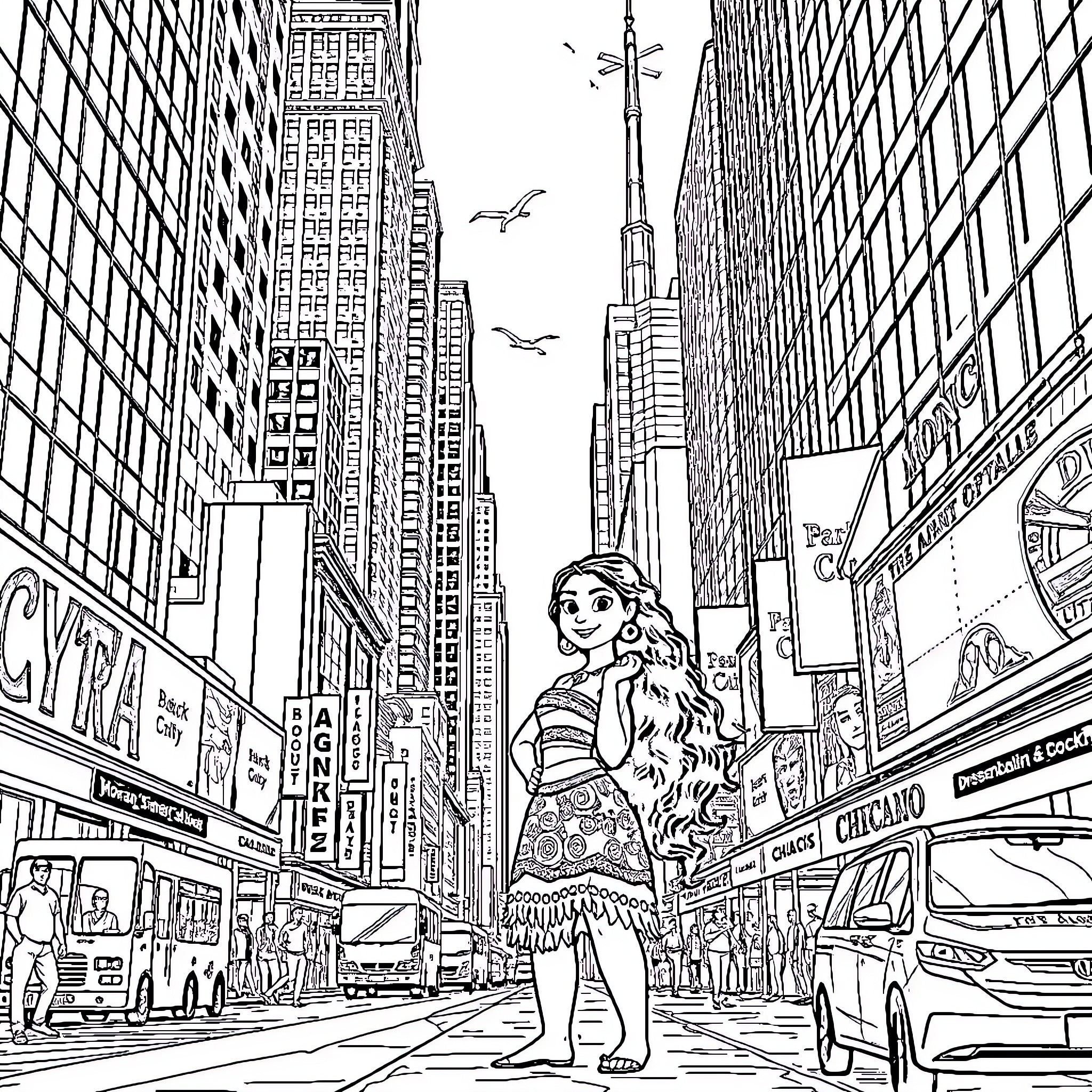 Moana exploring the vibrant cityscape Coloring Page (free black-and-white line drawing printable PDF for all, from beginners to advanced learners, including children, teens, adults, and seniors)